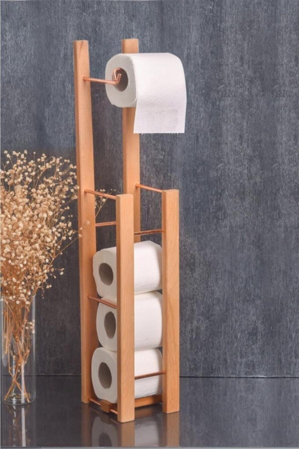 sinerjistore Metal Ve Ahşap Tuvalet Kağıtlığı Banyo Wc Kağıtlık Paslanmaz Rose Gold Renk