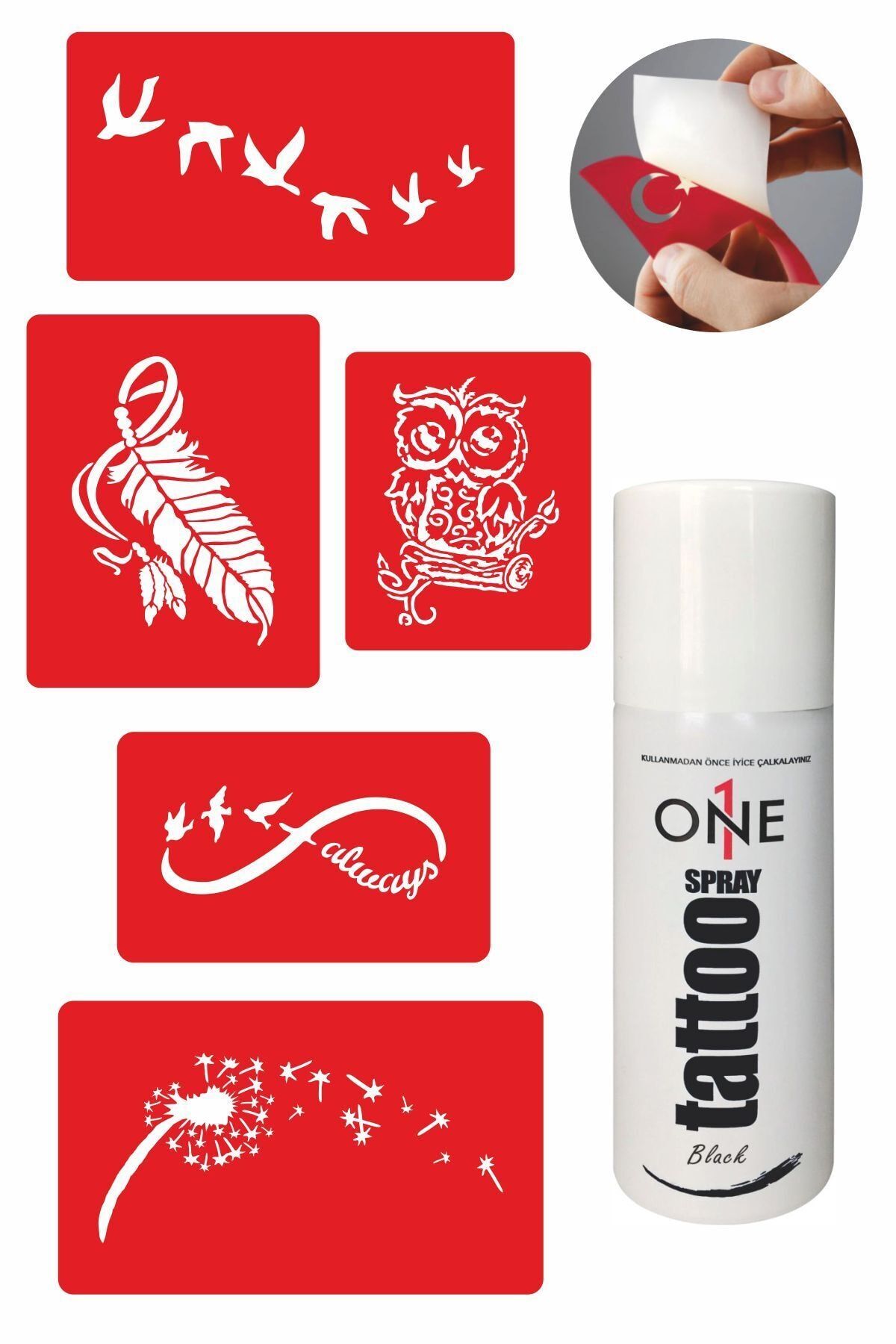 ONE SPRAY TATTOO Sonsuz Kuş Dövmesi Siyah Tattoo Sprey Ve 5 Adet Geçici Dövme Deseni Seti