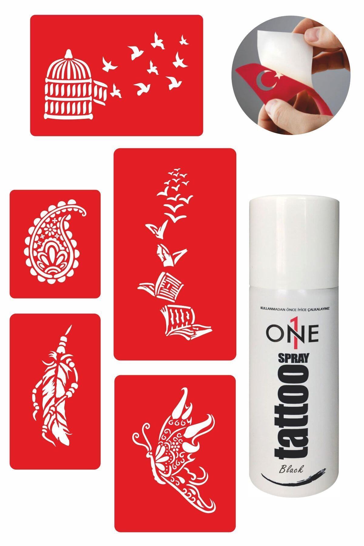 ONE SPRAY TATTOO Kafes Kitap Dövmesi Siyah Tattoo Sprey Ve 5 Adet Geçici Dövme Deseni Seti