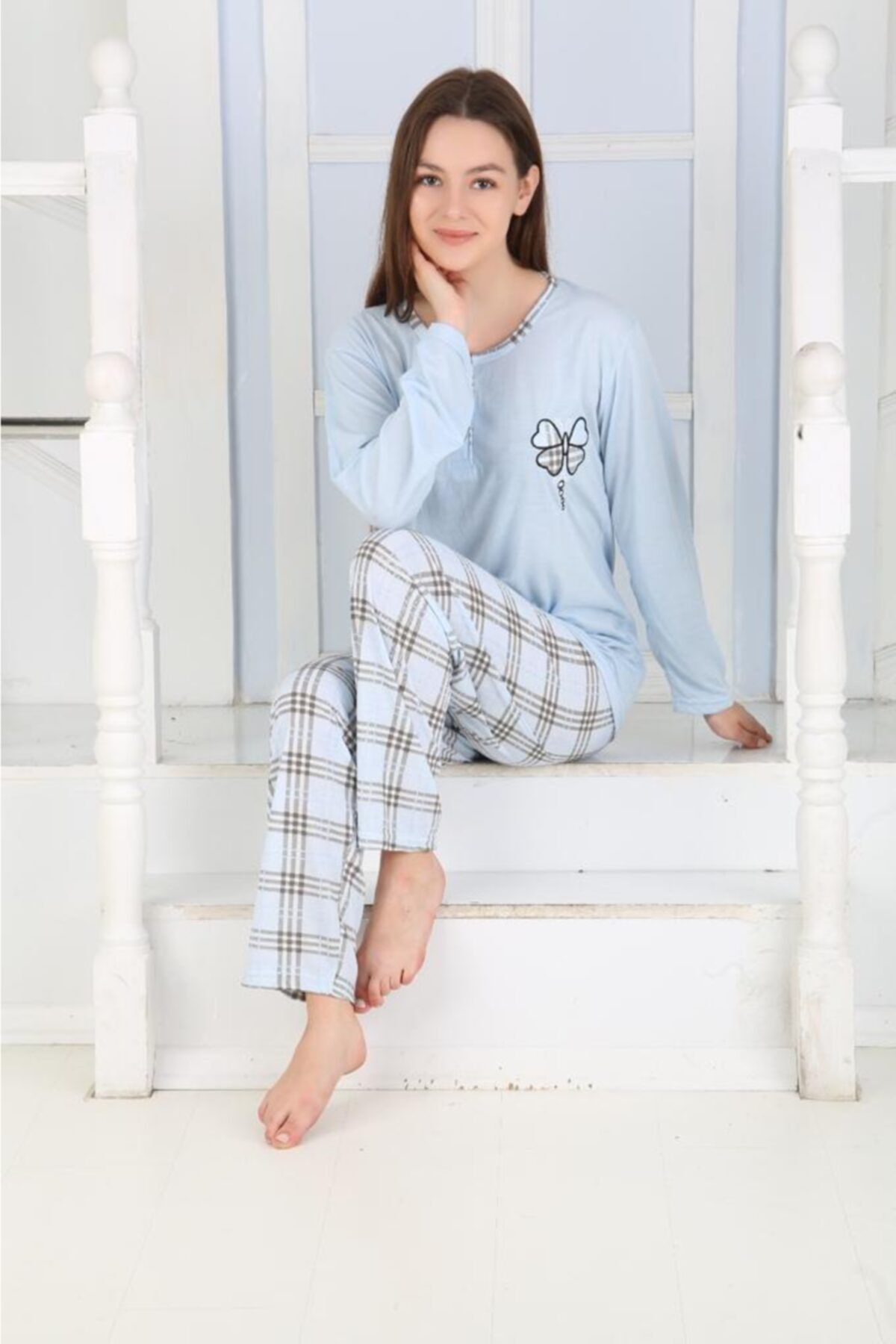 Meba Yeni Sezon Kışlık Uzun Kollu Alt Ekose Desen Mavi Pijama Takım