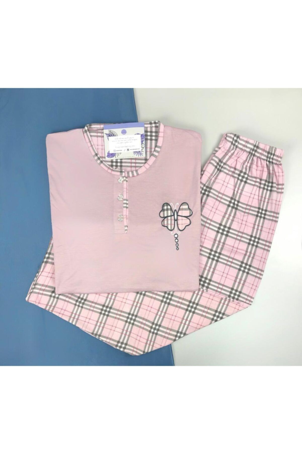 Meba Yeni Sezon Kışlık Uzun Kollu Alt Ekose Desen Lila Pijama Takım