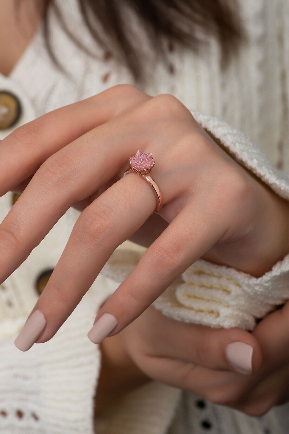 LOTUS GÜMÜŞ 14k Rose Altın Kaplama Pembe Zirkon Taşlı Lotus Çiçeği Kadın Yüzük