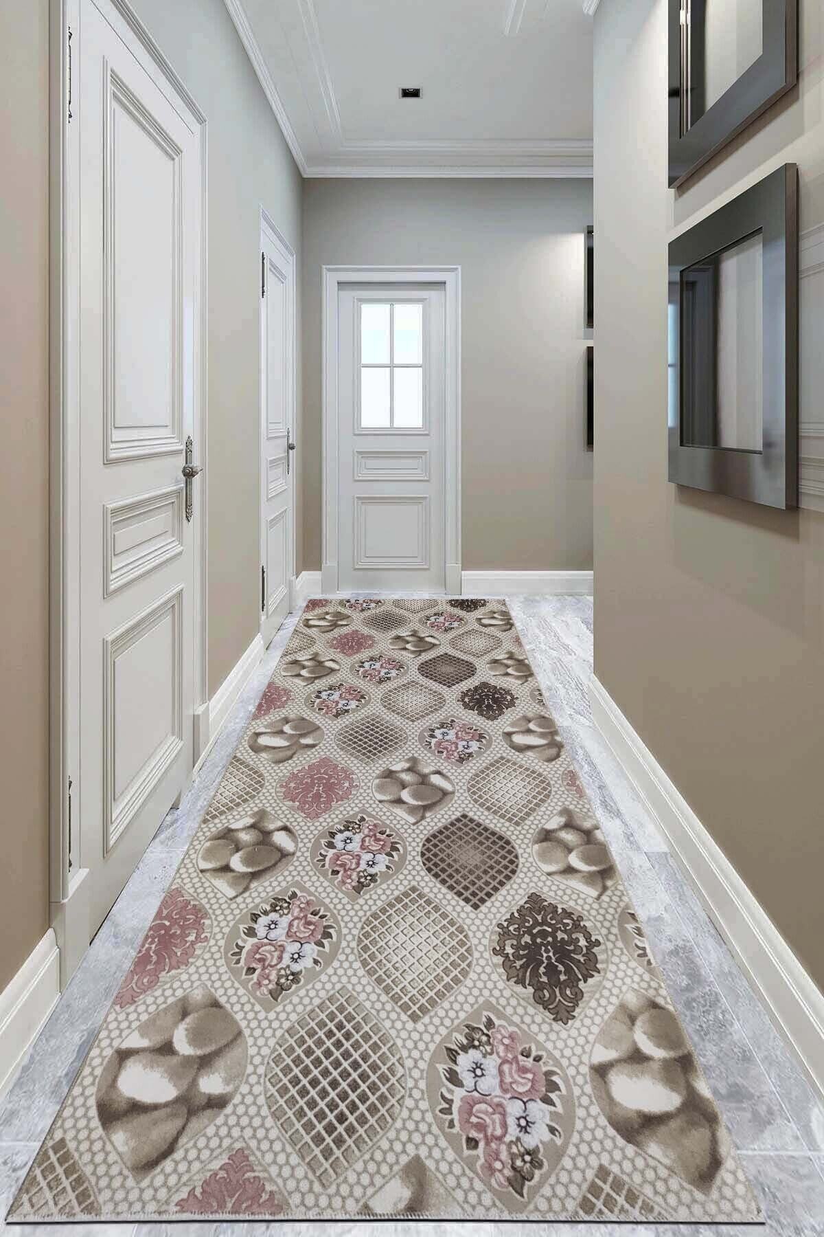 Luya Home Kaymaz Tabanlı Kesme Rulo Halı Yolluk 1029 Pudra Güller Desen
