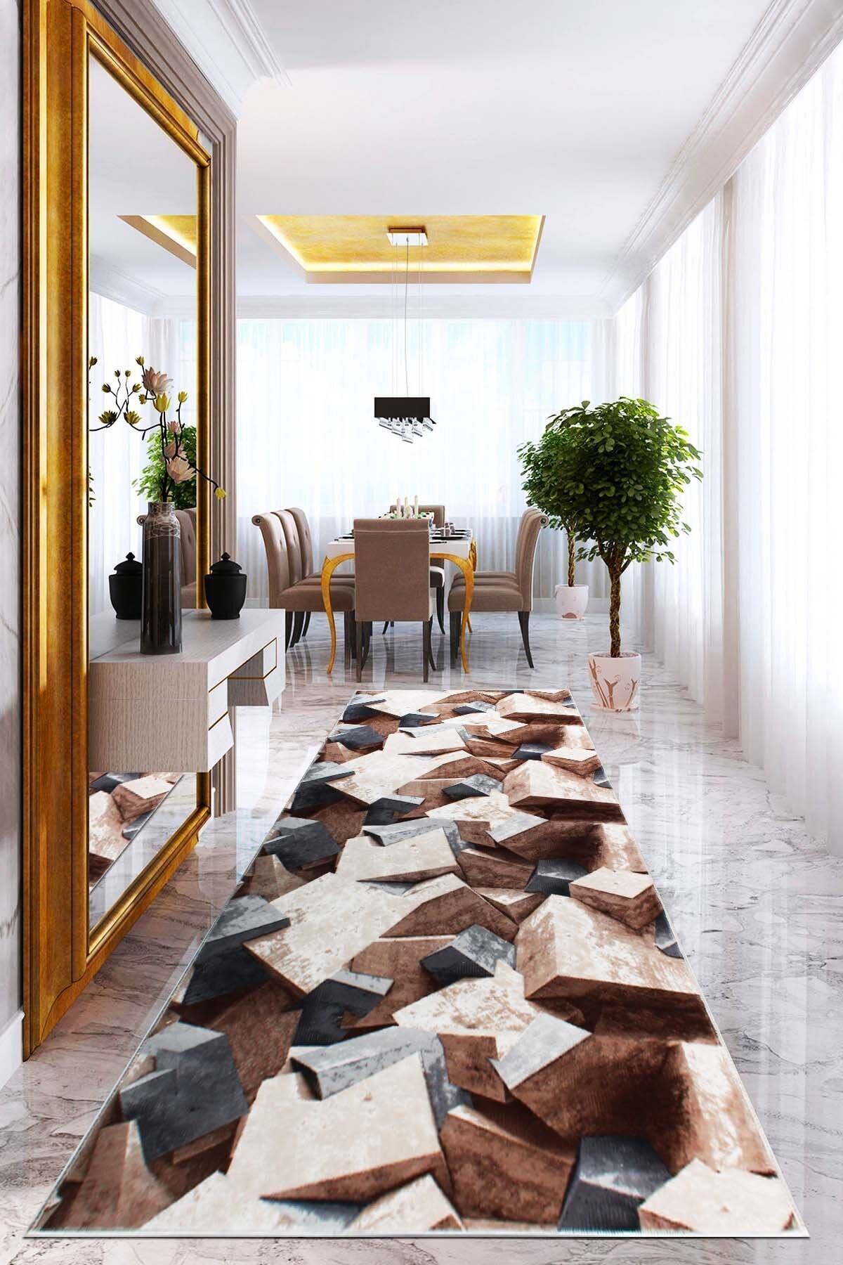 Luya Home Kaymaz Tabanlı Kesme Rulo Halı Yolluk 3d Akıllı Küpler Kahve Desen