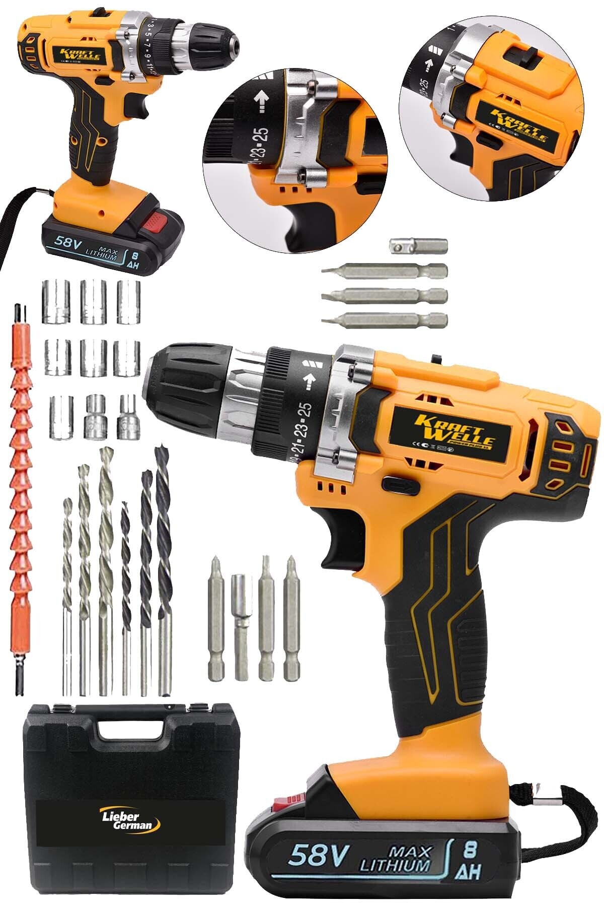 Kraft Welle Germany Darbeli 58 Volt 6 Ah Titanyum Şanzuman Panasonıc 2 Akülü Darbeli Akülü Vidalama Matkap