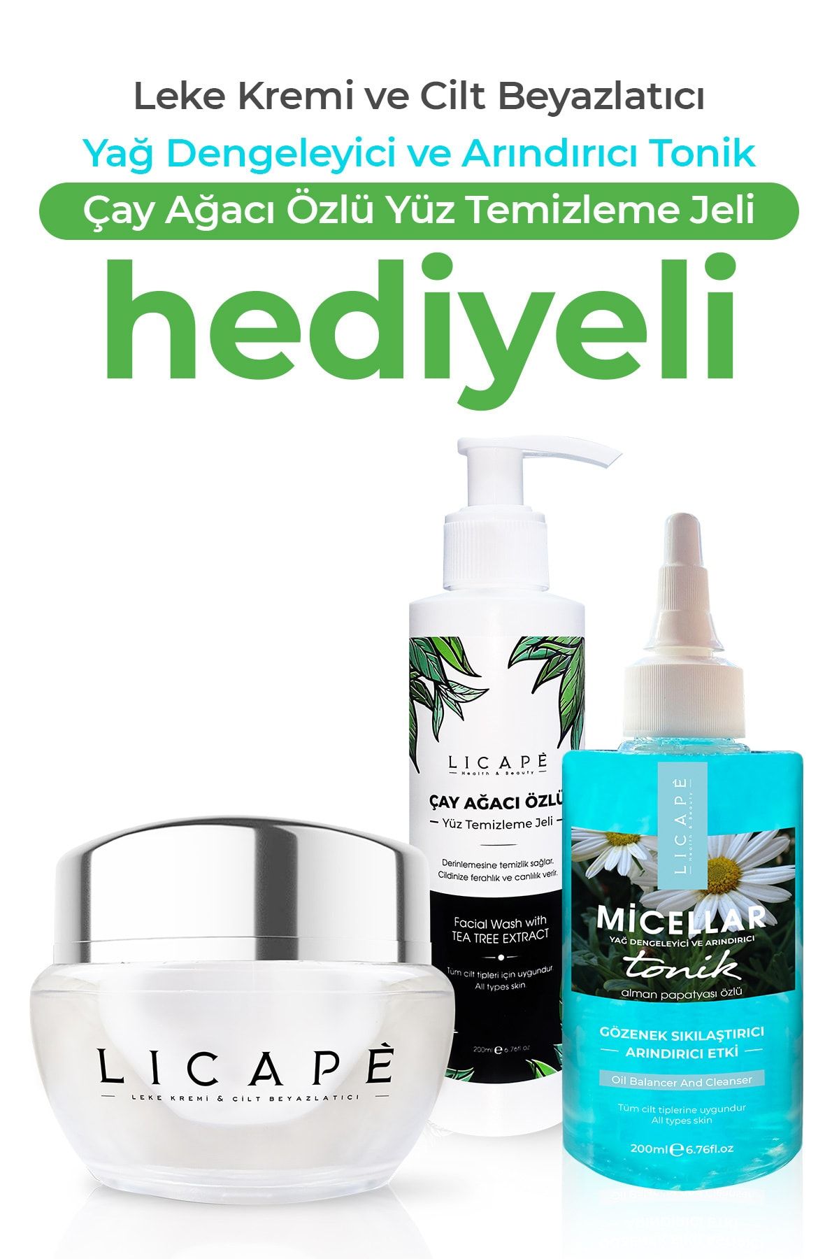 Licape Leke Kremi + Yağ Dengeleyici Ve Arındırıcı Tonik + Yüz Temizleme Jeli