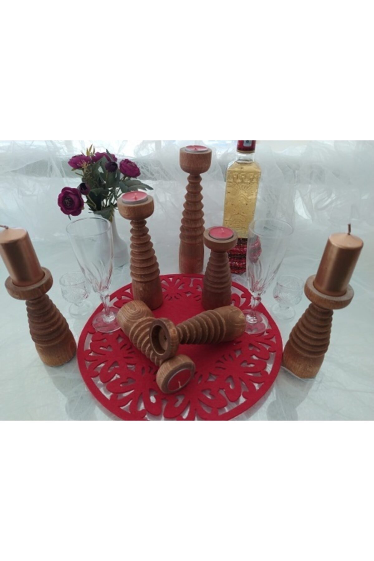 ÇELTEKSAN Ahşap Mumluk Ahşap Şamdan Mumluk Dekoratif Şamdan Mumluk 5 Li Mumluk