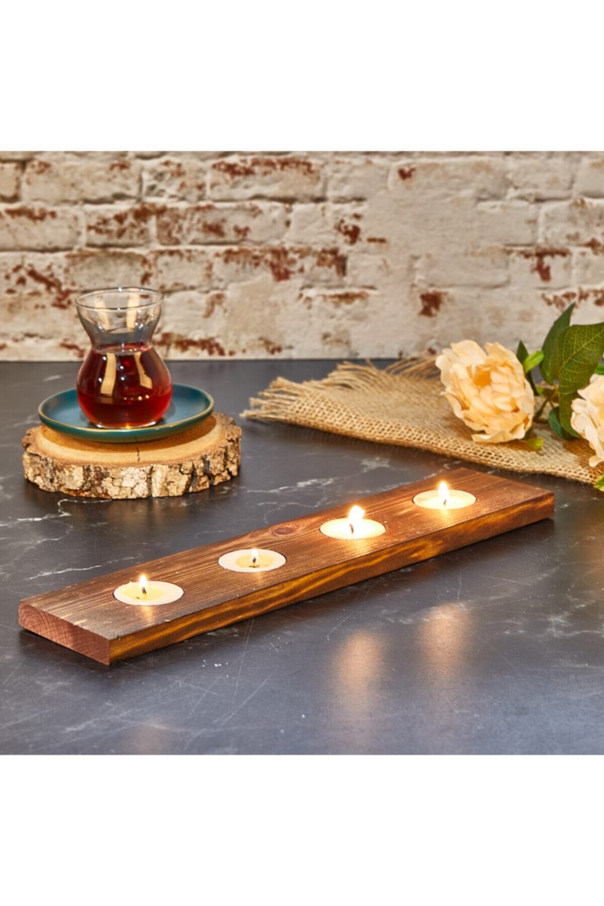 MHK Collection 4 Mumlu Tealight Ahşap Dekoratif Mumluk Kahverengi