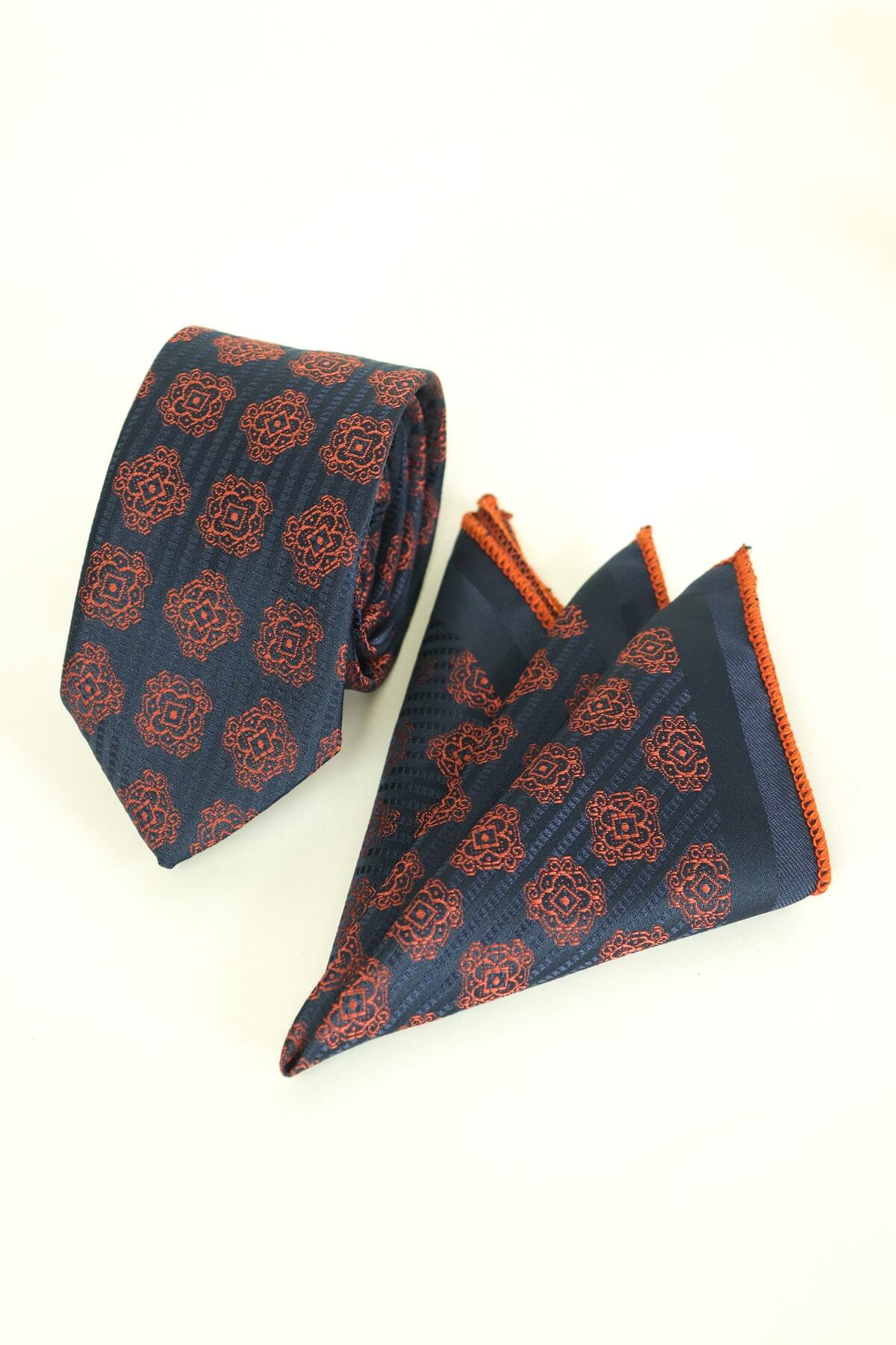 Kravatistan Turuncu 6.5 Cm Desenli Kravat Mendil Seti Gc-0190