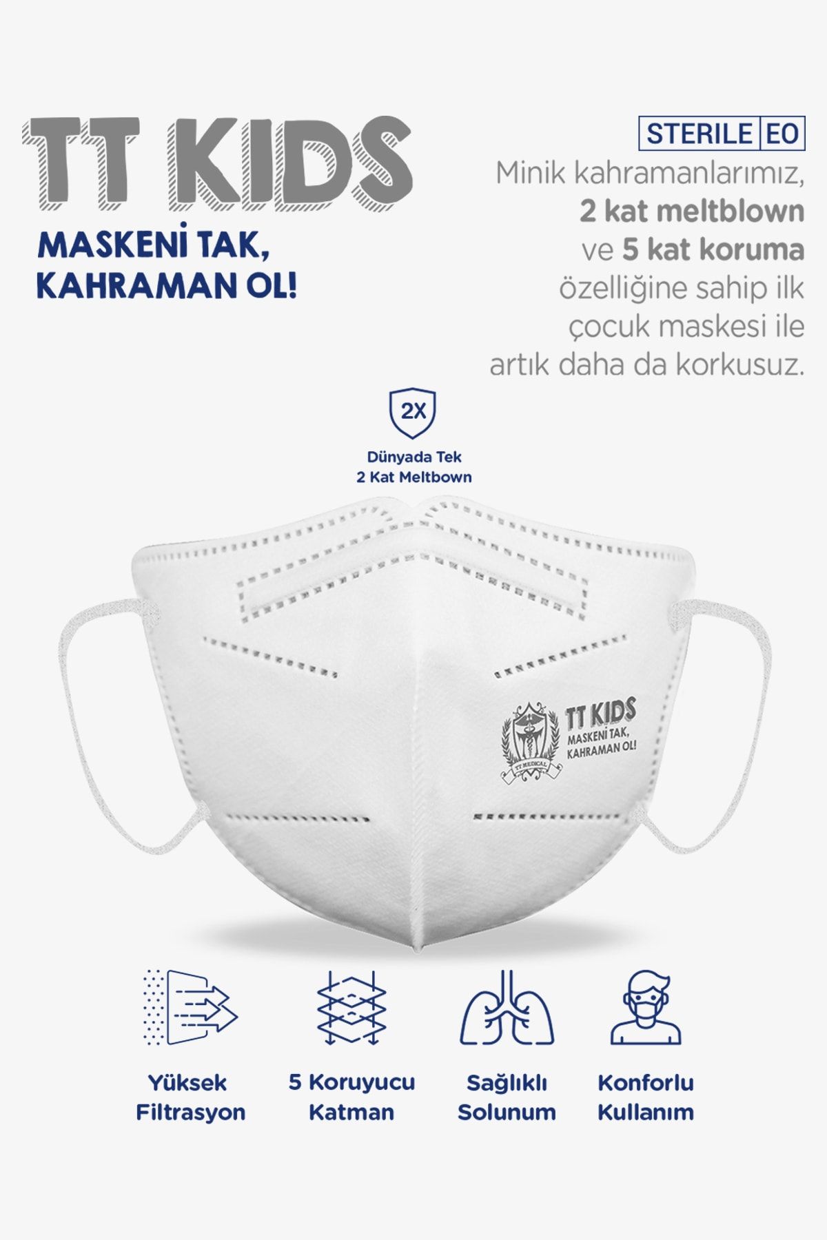TTMedical 10'lu Çocuk Beyaz 5 Katmanlı Üstün Korumalı Filtreli Yüz Maskesi Esnek Ipli Özel Üretim