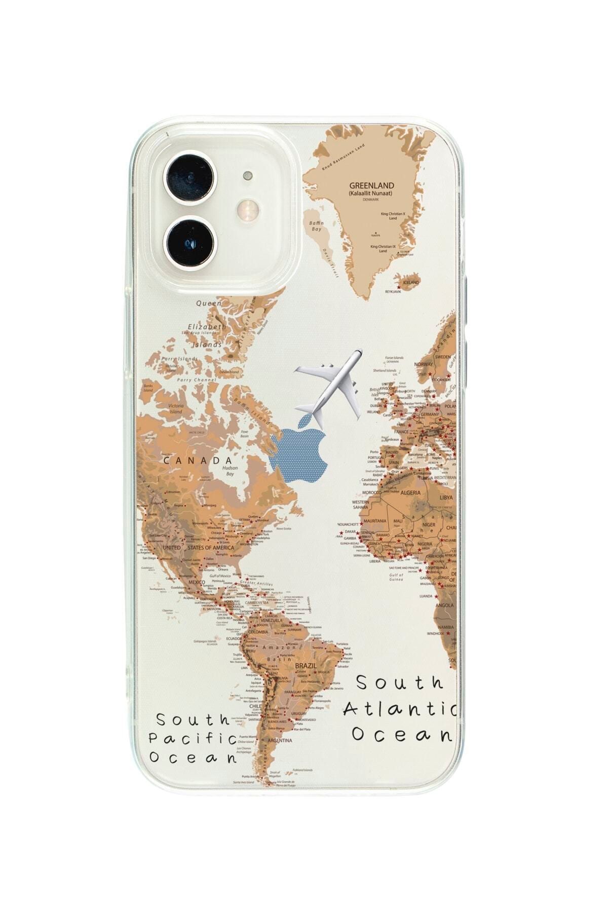 mooodcase Iphone 12  Uyumlu Dünya Harita Desenli Premium Şeffaf Silikon Kılıf