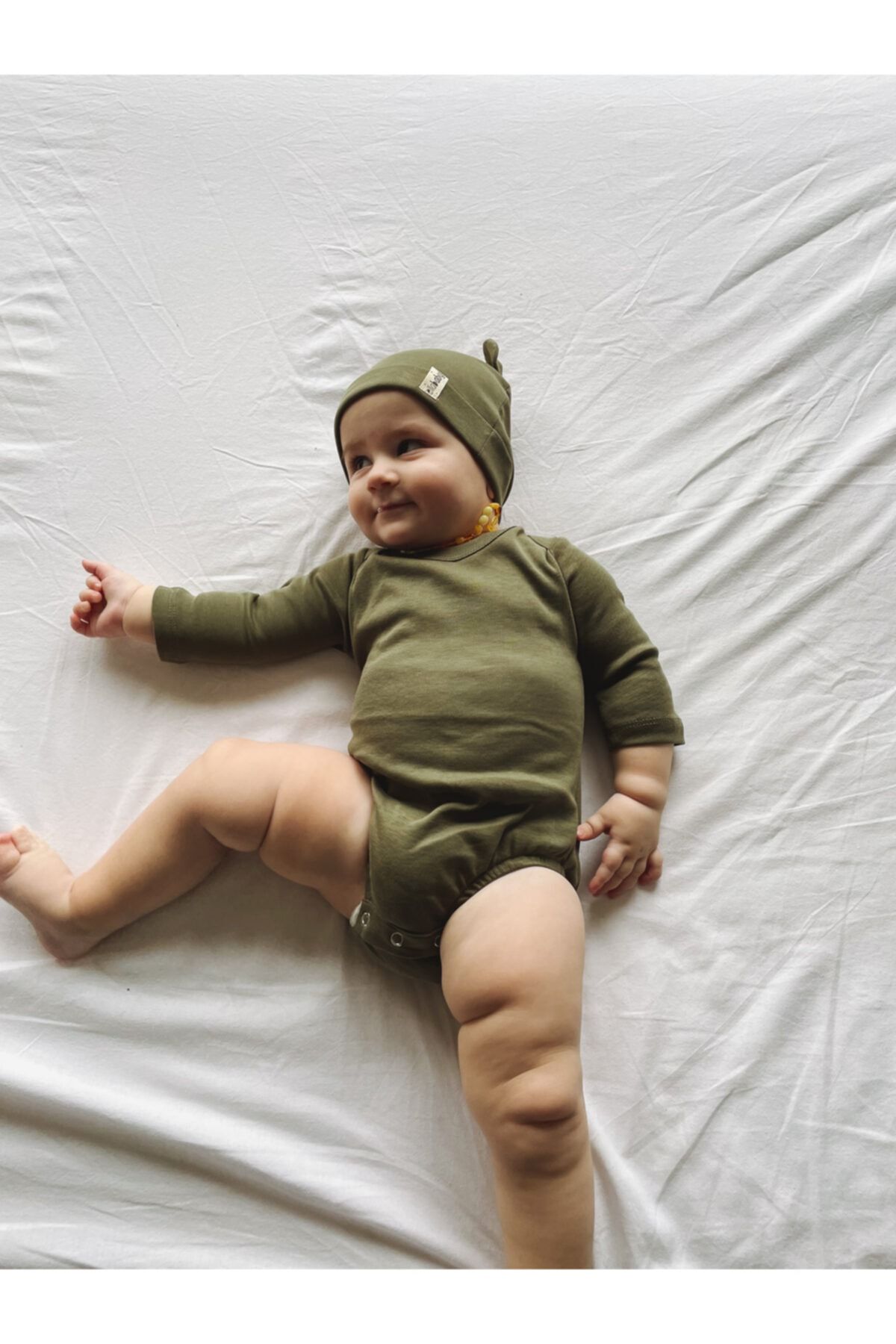 lella baby Uzun Kollu Body Çıtçıtlı Zıbın Bebek Haki Yeşil %100 Pamuk
