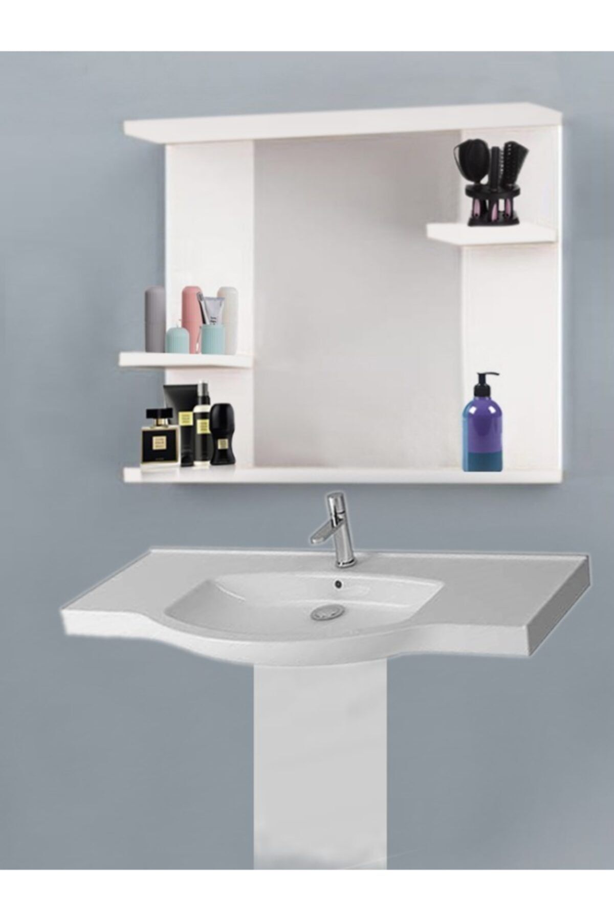 Kalibra Aynalı Raflı Lavabo Üstü Banyo Dresuar Wc Ofis Hol Kolidor Düzenleyici 69x60 Beyaz (%% MDF) Dolap