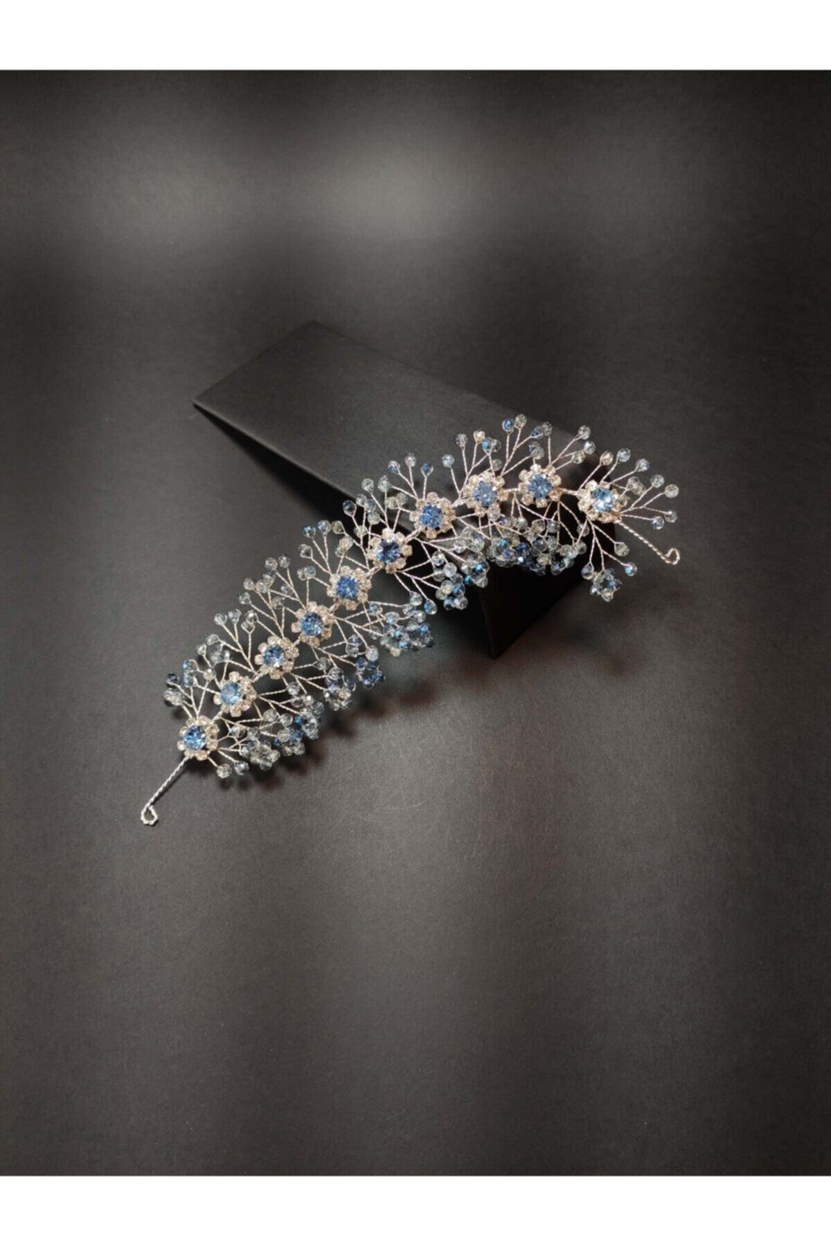 Türkay Aksesuar Şeffaf Lacivert Renk El Yapımı Cam Boncuklu Gelin Tacı