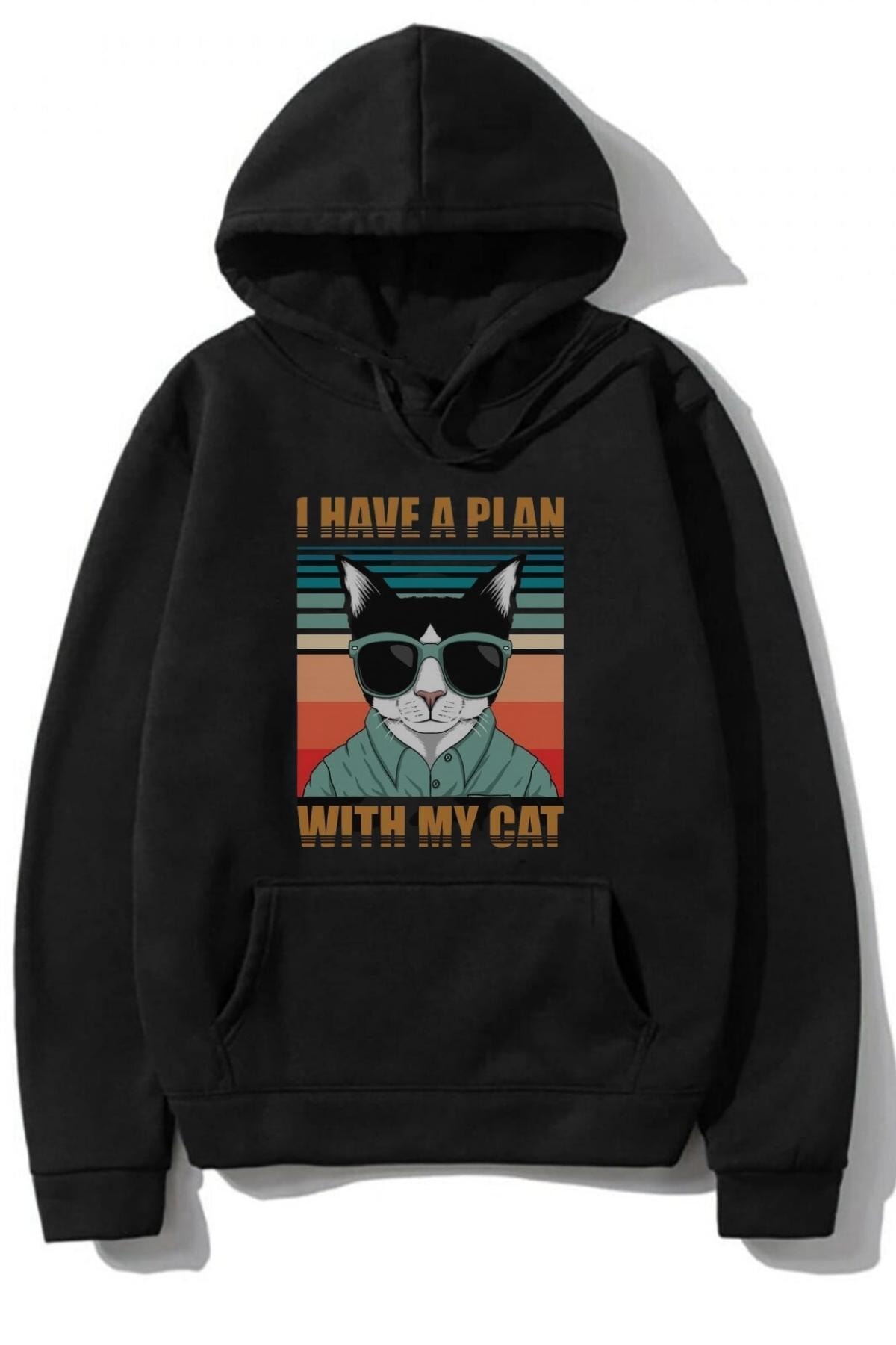 LEGION Siyah Oversize I Have A Plan With My Cat Baskı Kombin 2 Iplik Kapşonlu Tasarım Hoodie