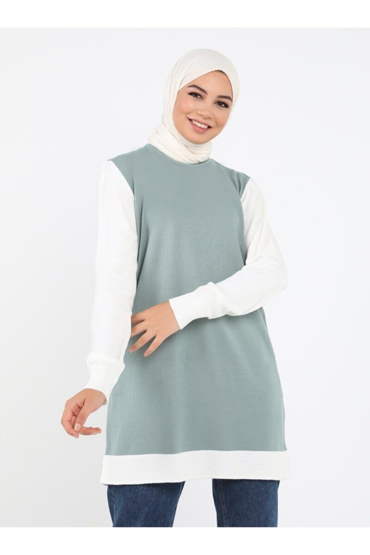 Tavin Bisiklet Yaka Arkası Çizgi Detaylı 80cm Triko Tunik - Çağla -
