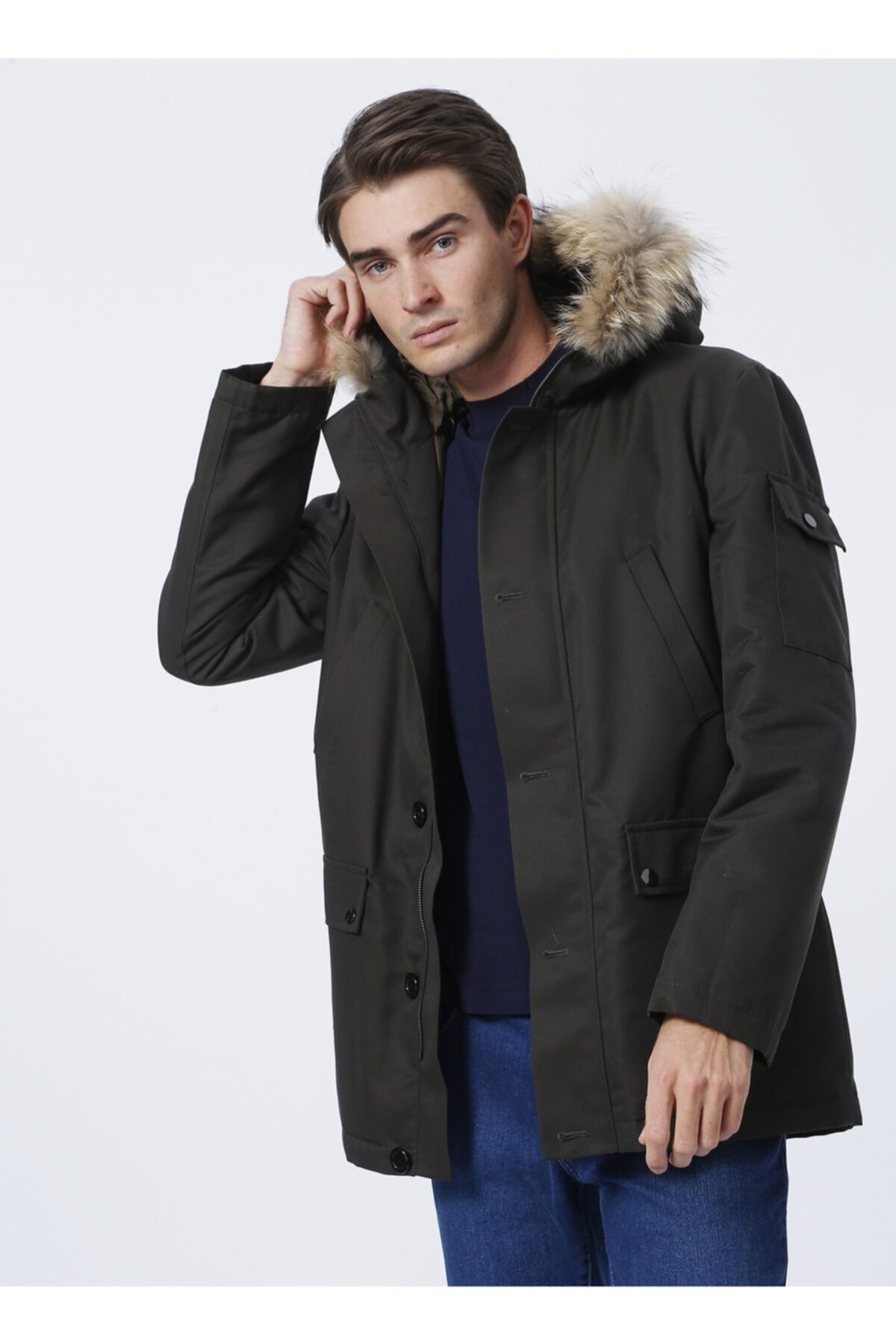 Paltoi 9384 Kürk Yaka Uzun Kollu Regular Fit Düz Haki Erkek Parka