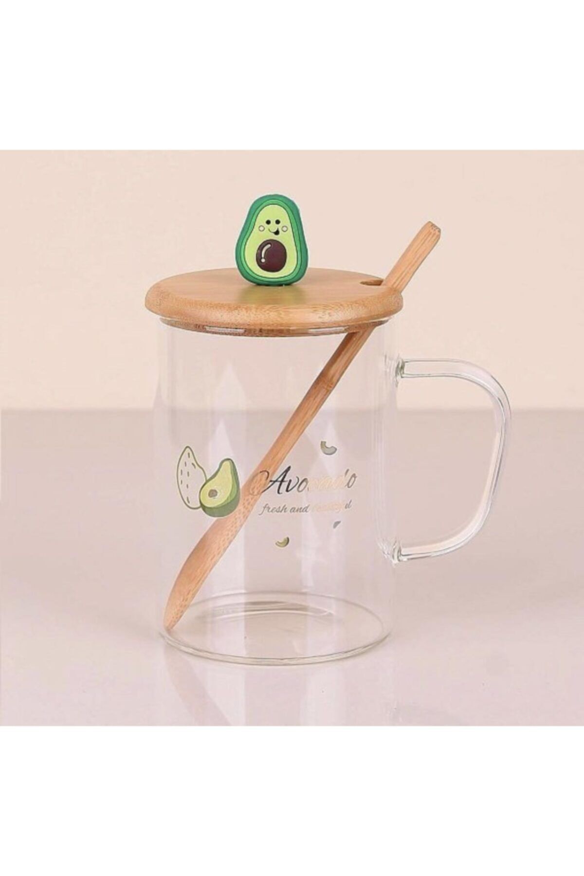 İAMOKSTORE Bambu Kapaklı Silikon Tutmalı Bambu Kaşıklı Avokado Desenli Isıya Dayanıklı Şık Görselli Kup