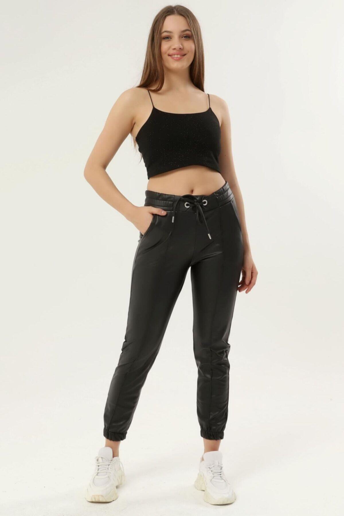 Siyezen Kadın Içi Kürklü Şardonlu Cepli Deri Siyah Pantolon