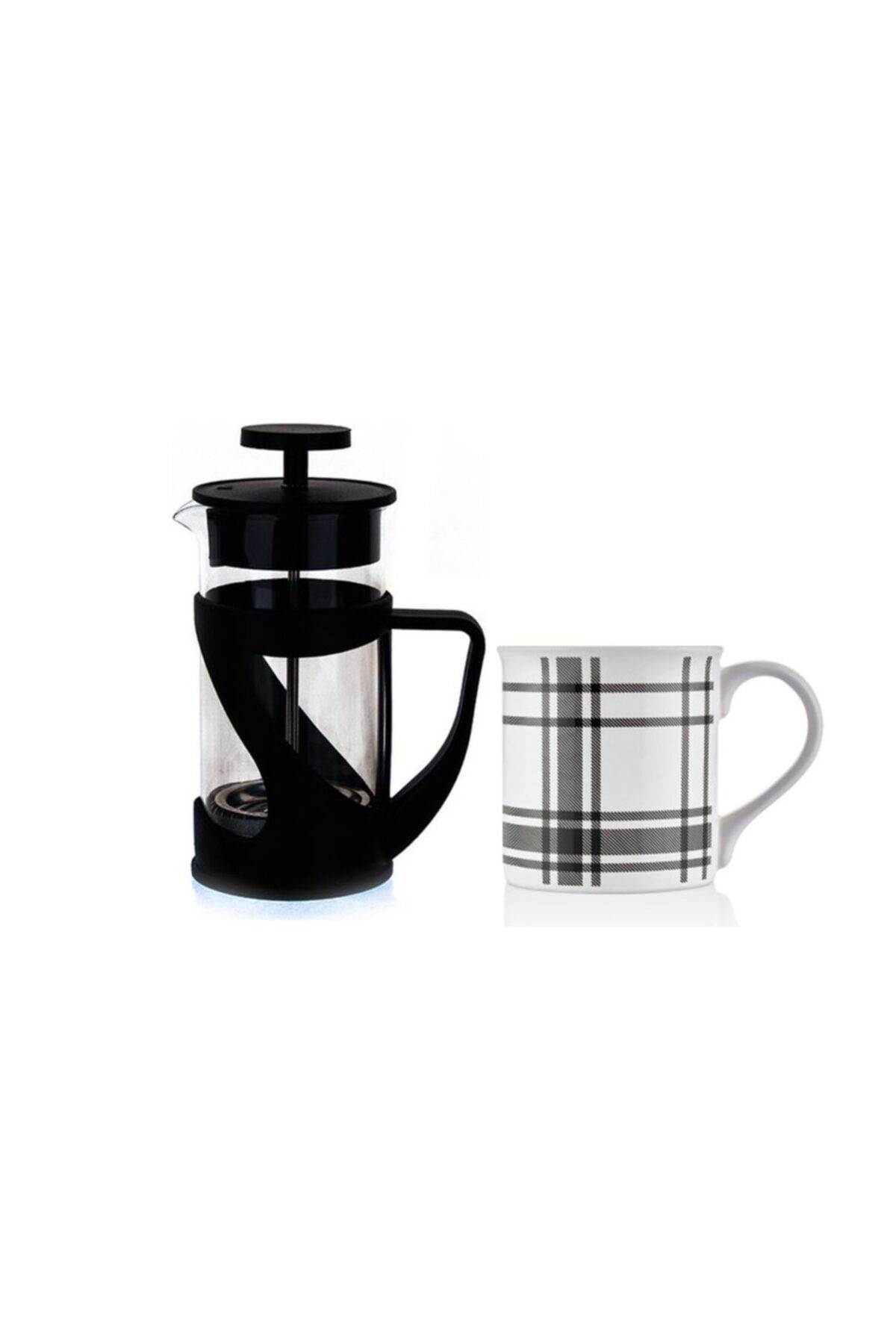 EVDİVA Siyah French Press 350 Ml Ve Siyah Ekose Kupa Hediye Kutusu