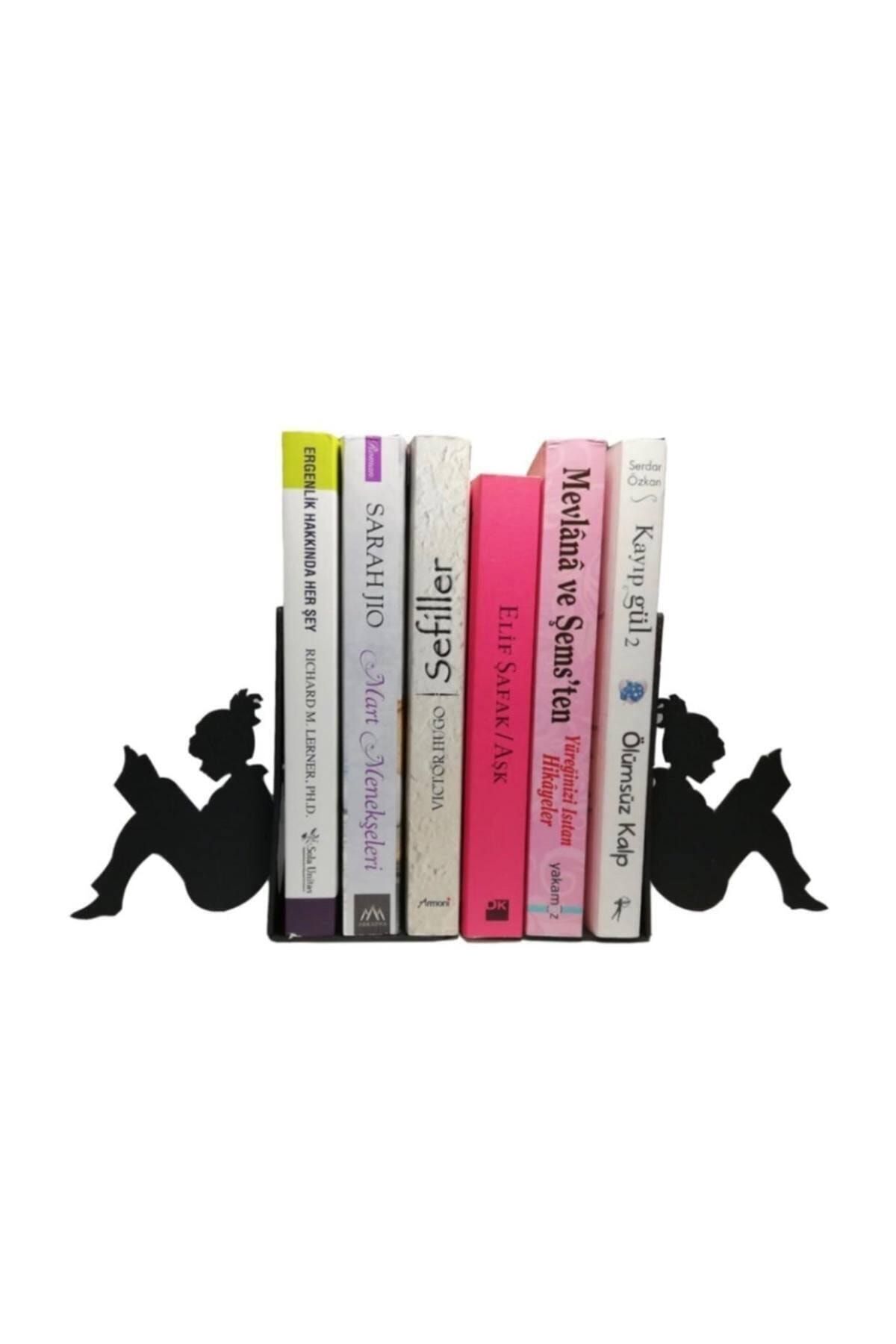 You Bella Kitap Okuyan Öğrenciler Desenli Kitap Desteği - Ev Ve Ofis Dekoratif Kitap Tutucu 2'li Set Siyah