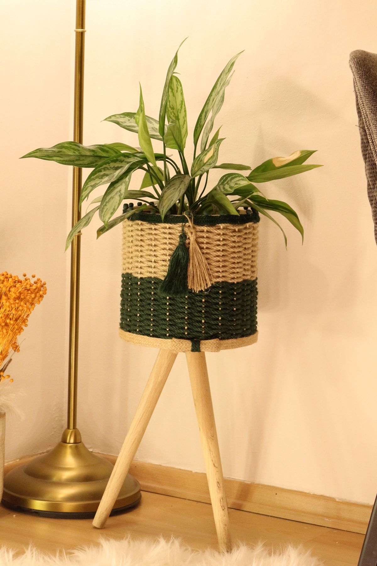 Monchi Jüt Örgü Ahşap Saksılık Naturel/koyu Yeşil 36 Cm
