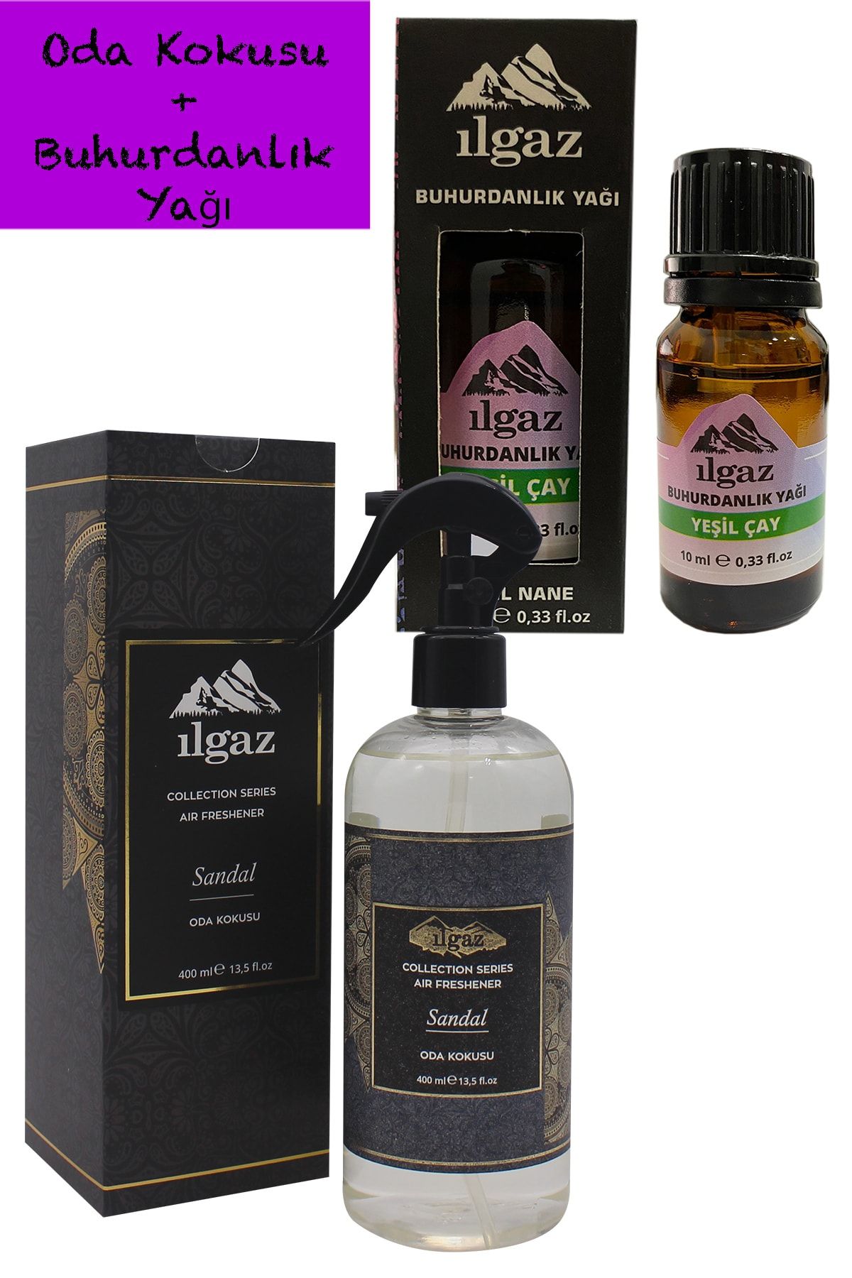 ILGAZ Collectıon Sandal Oda Spreyi 400 ml Oda Kokusu + Dinlendirici Nane Yağı Buhurdanlık Kokusu 10 ml