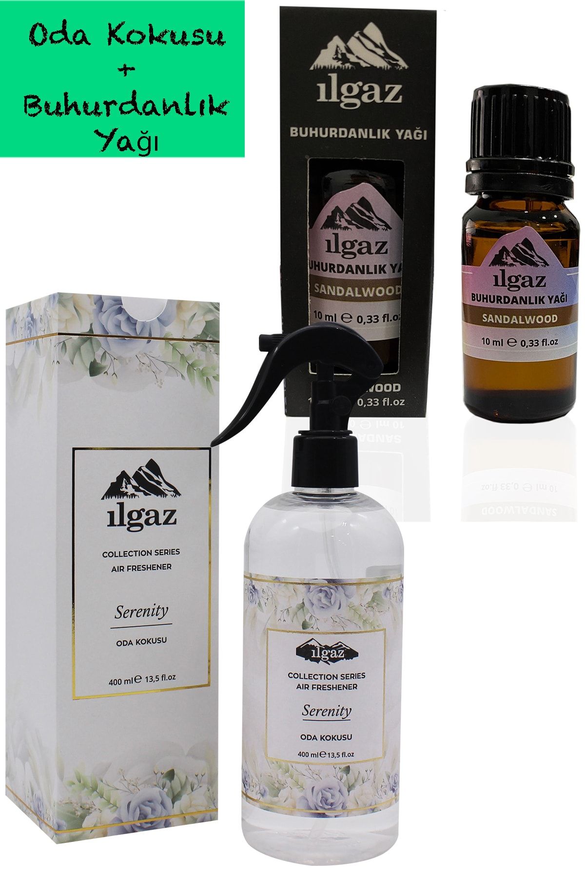 ILGAZ Collectıon Serenity Oda Spreyi 400 Ml Oda Kokusu + 10 Ml Sandal Buhurdanlık Kokusu Kalıcı Esans Yağ