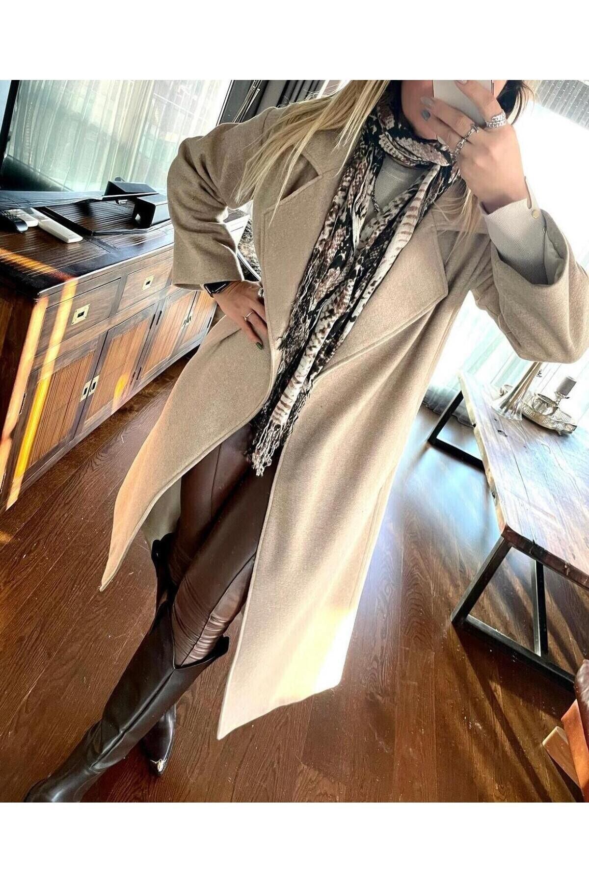 Thil Kadın Oversize Iç Astarlı Kuşaklı Kaşe Kaban 246-thl