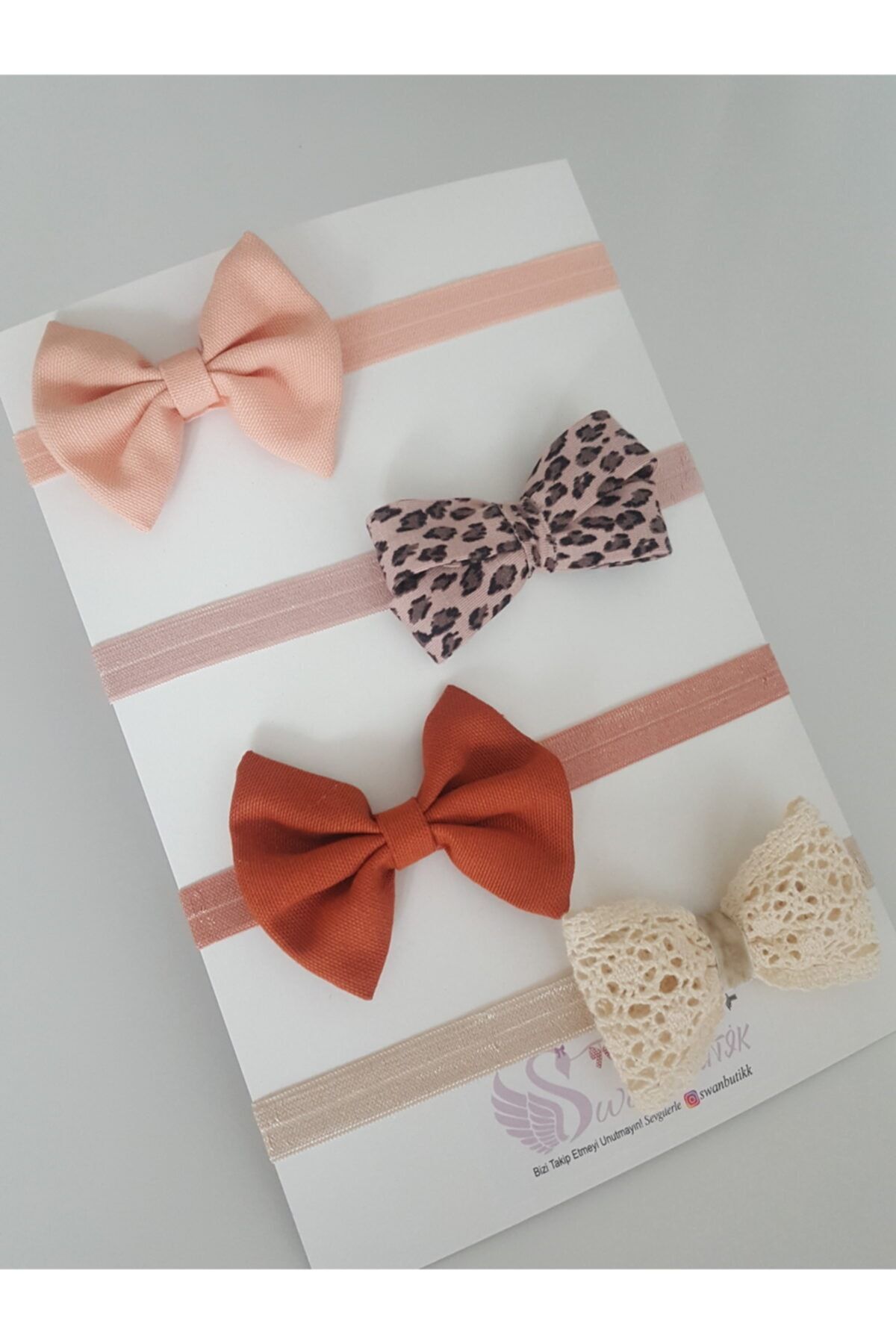 swan butik Kız Çocuk Bebek Bandana Toka Seti Fiyonk Ve Dantel Somon Kahve Krem Pembe Leopar
