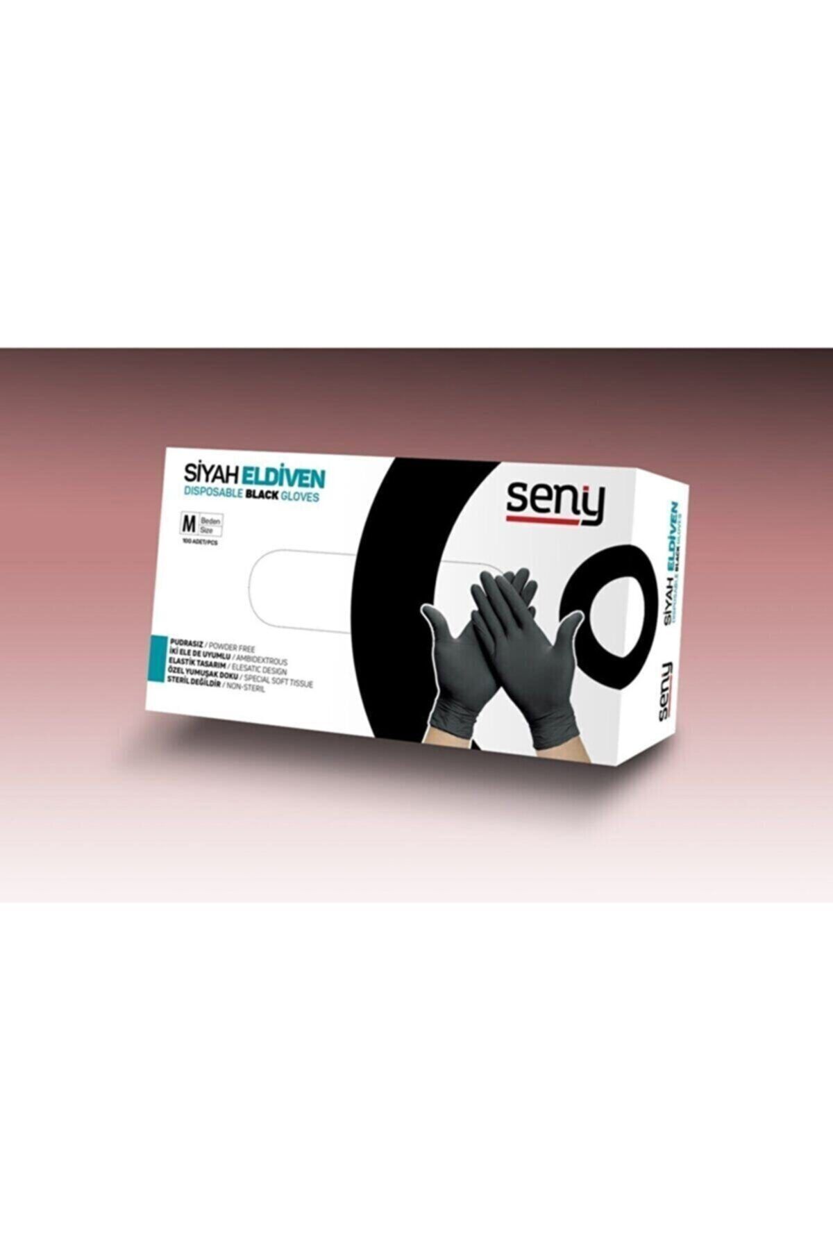 SENY Pudrasız Tek Kullanımlık Elastik Eldiven Siyah M Beden 10 Kutu 10 X 100