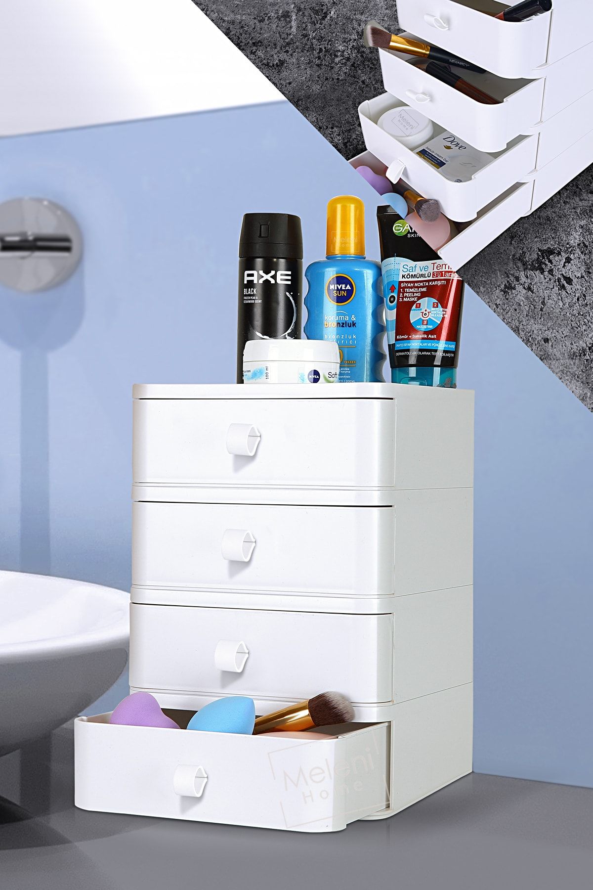 Meleni Home 4 Katlı Çekmeceli Kutu Masaüstü Organizer – Takı Aksesuar Makyaj Düzenleyici