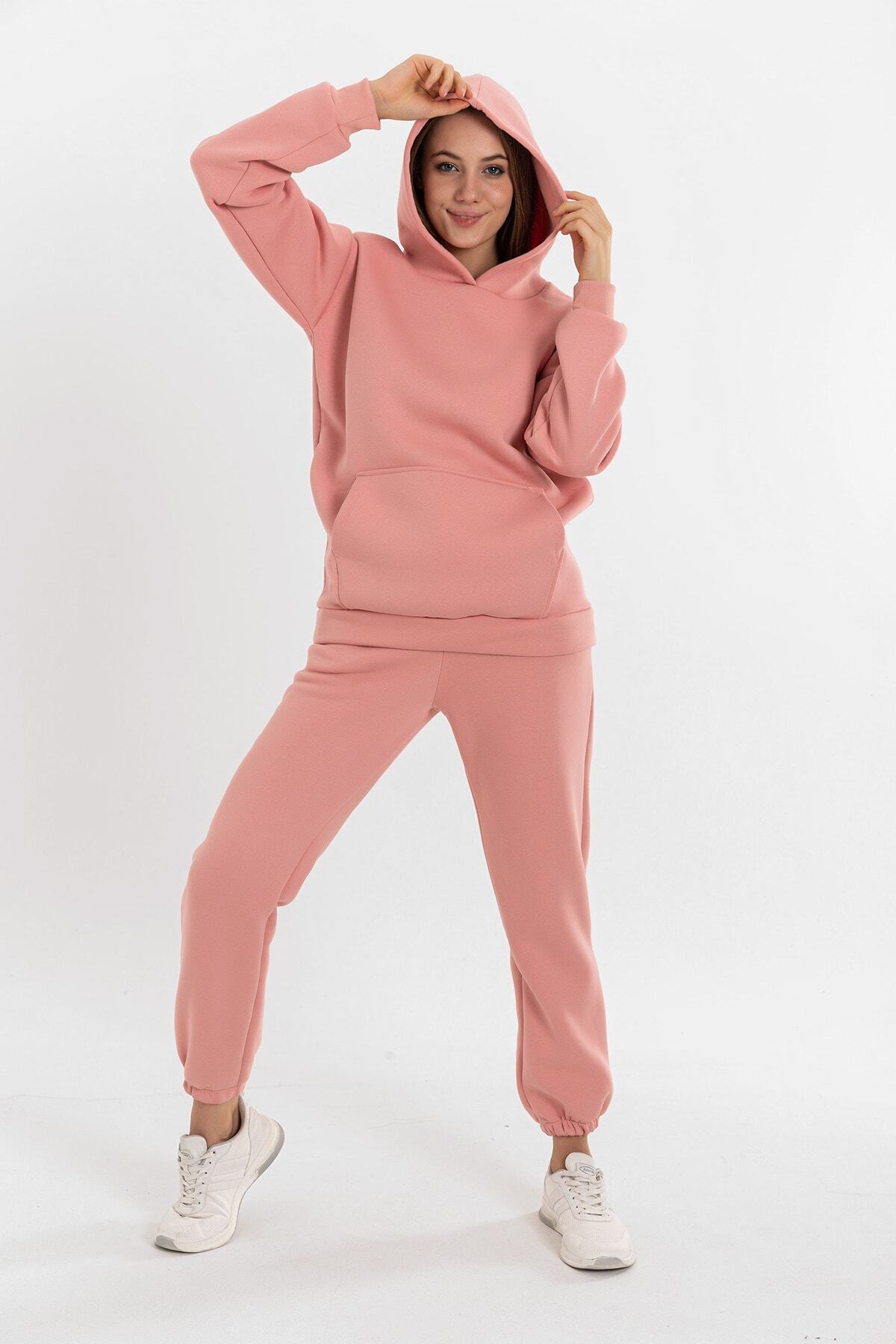 LC LACASE Kadın Unisex Kapüşonlu Pudra Pembe 3 Iplik Oversize Eşofman Takımı