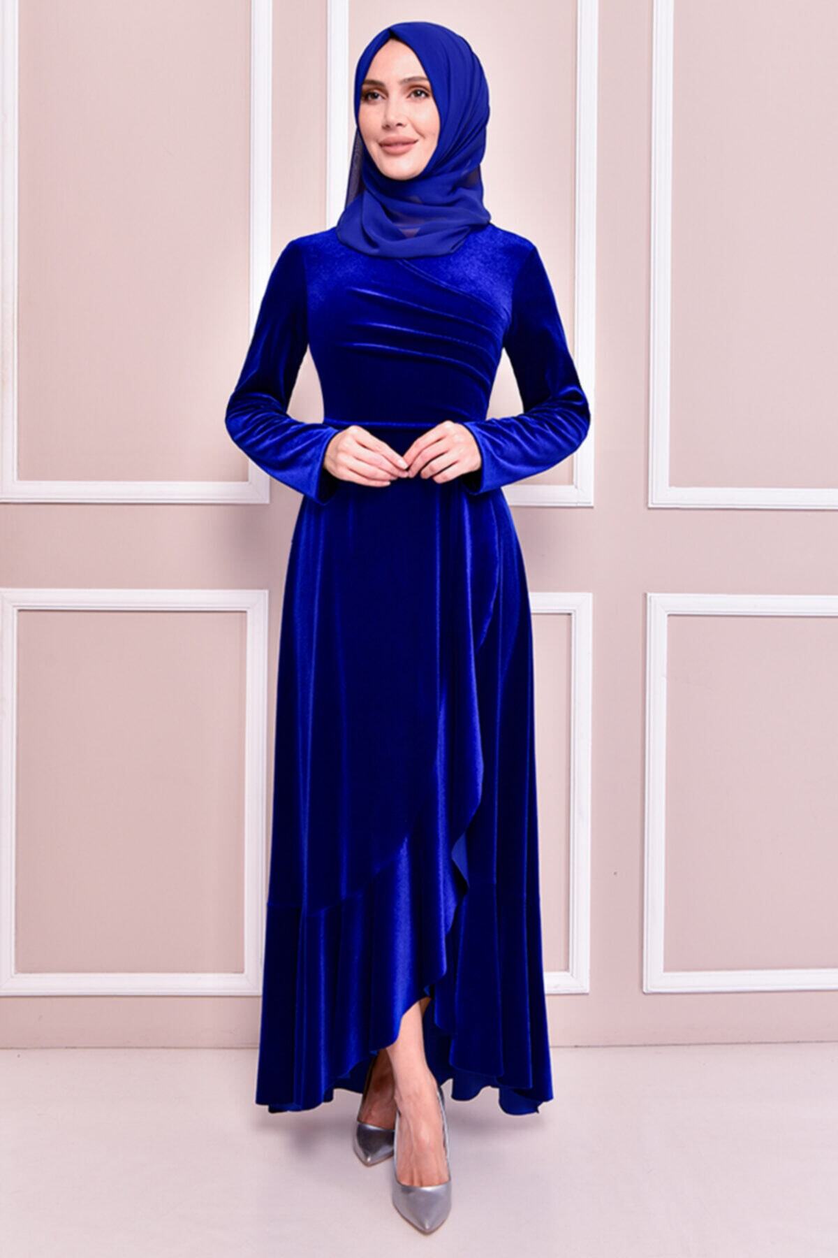 ModaMerve Drape Detay Kadife Elbise Saks Kbr21340