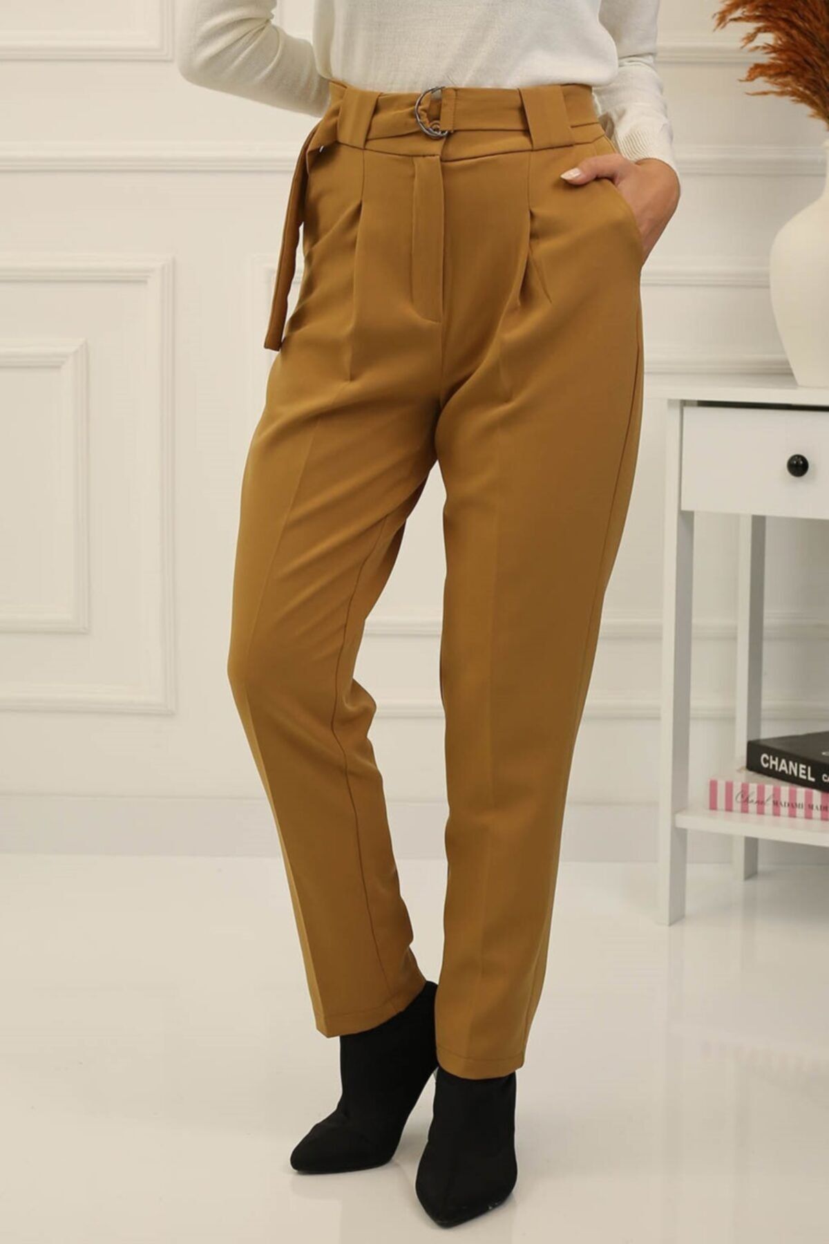 İmajButik Dabıl Krep Yüksek Bel Kalem Pantolon-camel