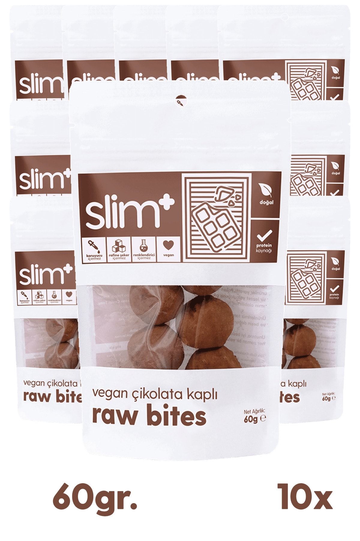 Slim+ 10'lu Paket Kakao Vegan Çikolatalı Raw Bites 60gr