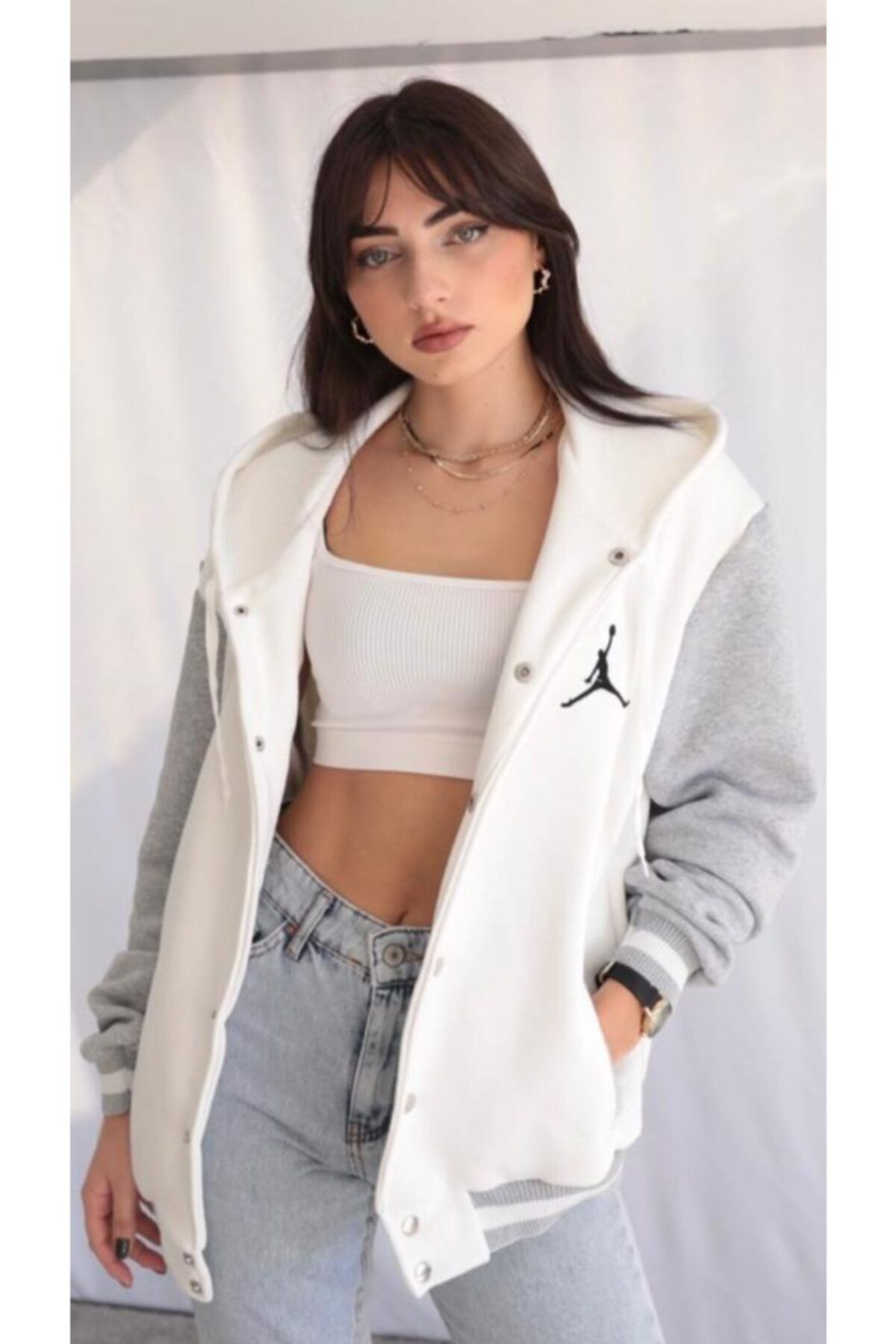 URBAN BOLD Beyaz Logo Kapüşonlu Kolej Ceket