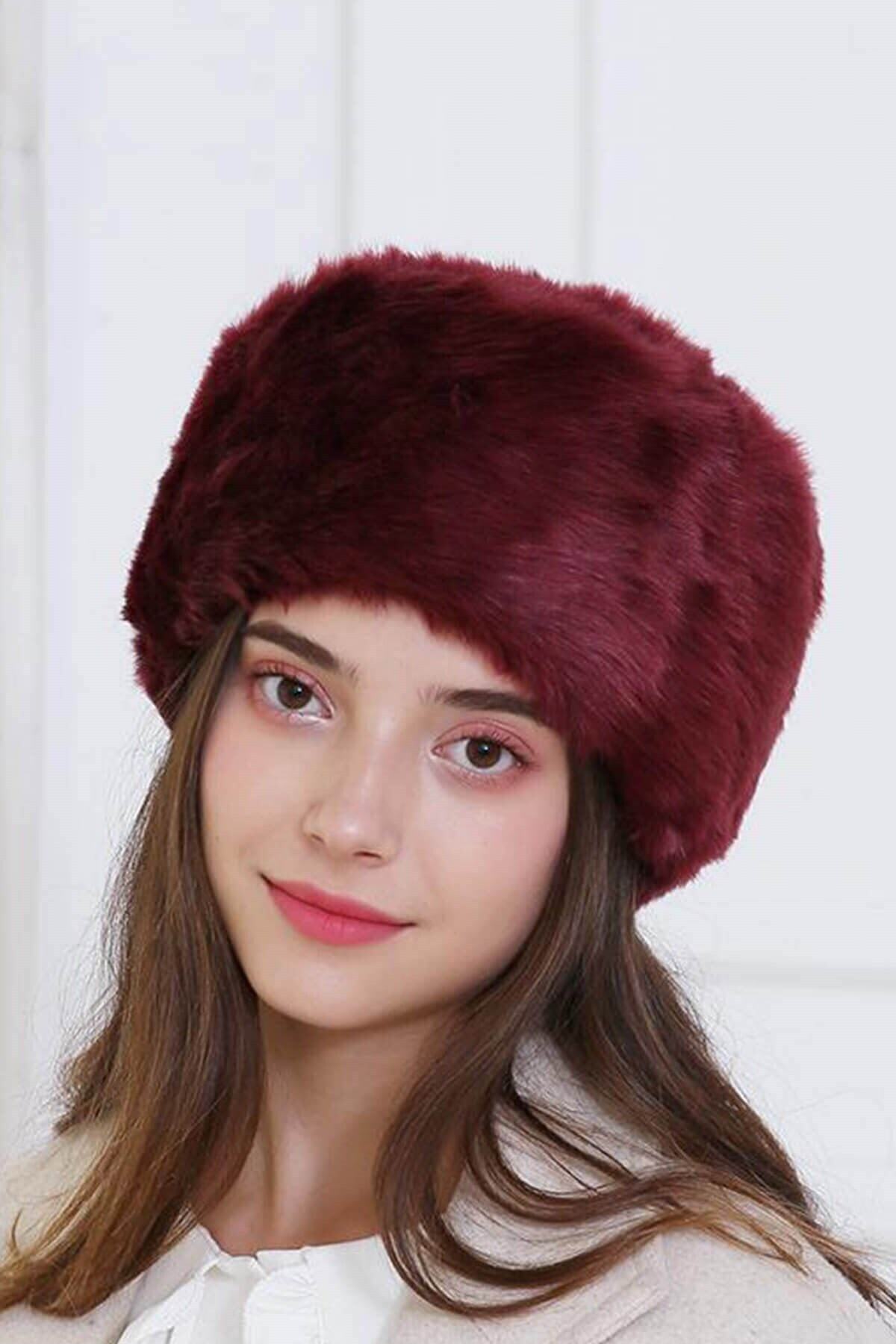 Külah Kadın Cossack Kalpak Kürklü Bordo Şapka