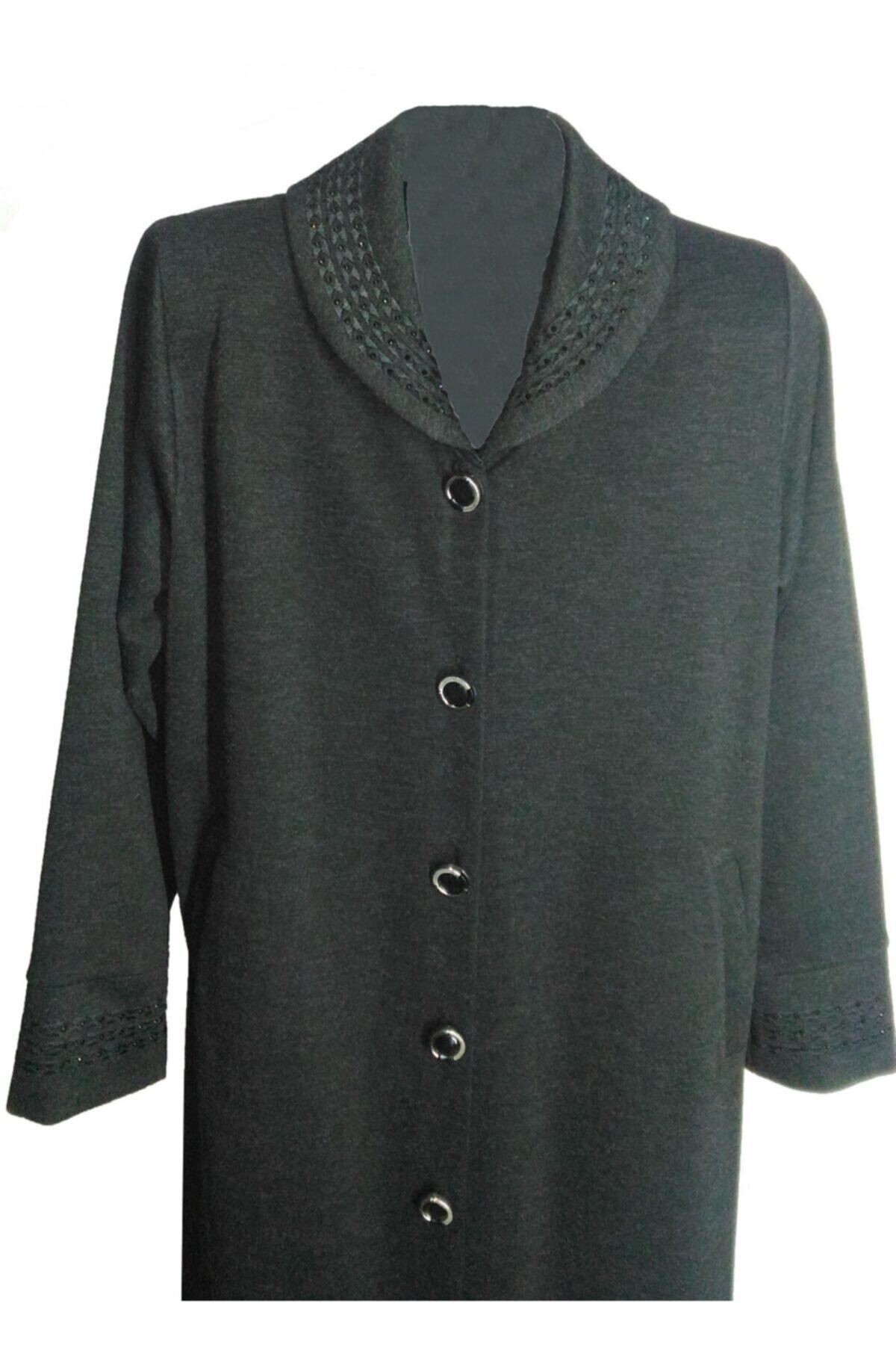 MUSTAFA KOÇAK TEKSTİL Kadın Siyah Işlemeli Kaşmir Pardesü