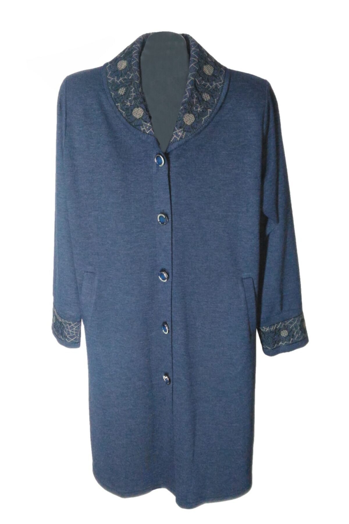 MUSTAFA KOÇAK TEKSTİL Kadın Lacivert Işlemeli  Kaşmir Yarım Pardesü