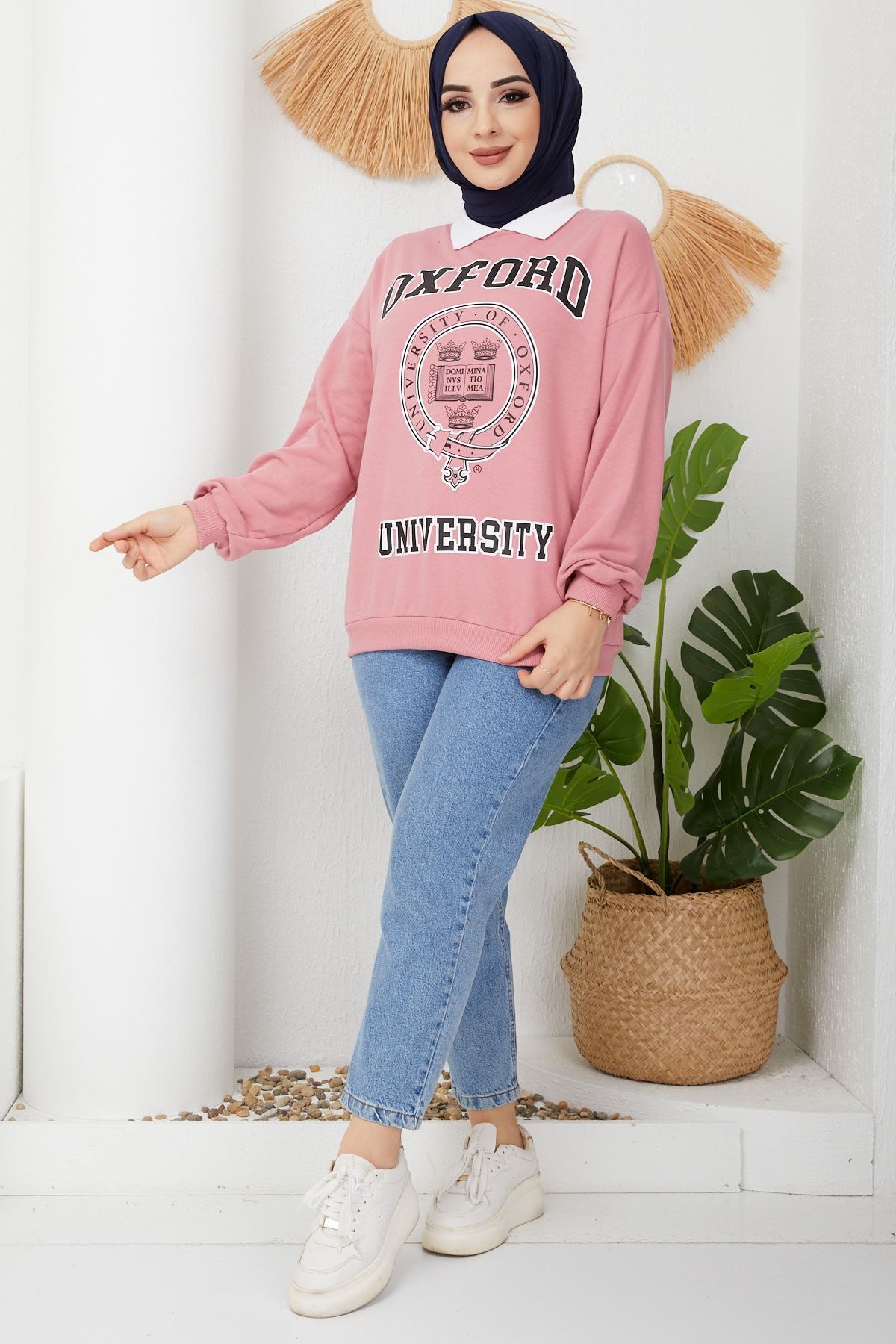 İmajButik Yaka Detaylı Oxford Yazılı Sweat/pudra