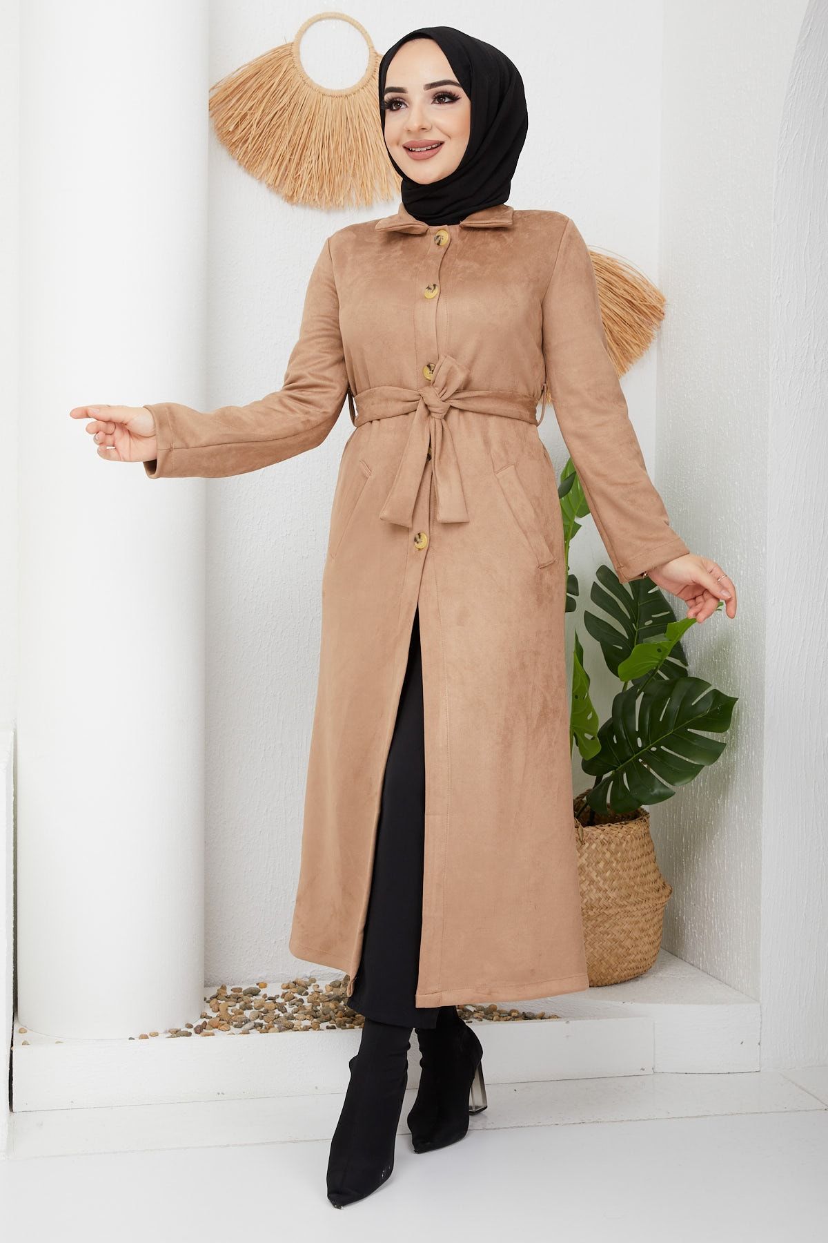 İmajButik Kemer Detaylı Süet Kap/camel