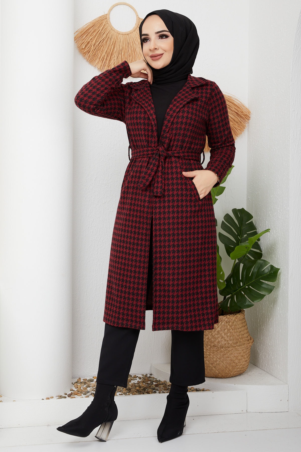 İmajButik Kazayağı Desenli Kaşe Kaban/bordo