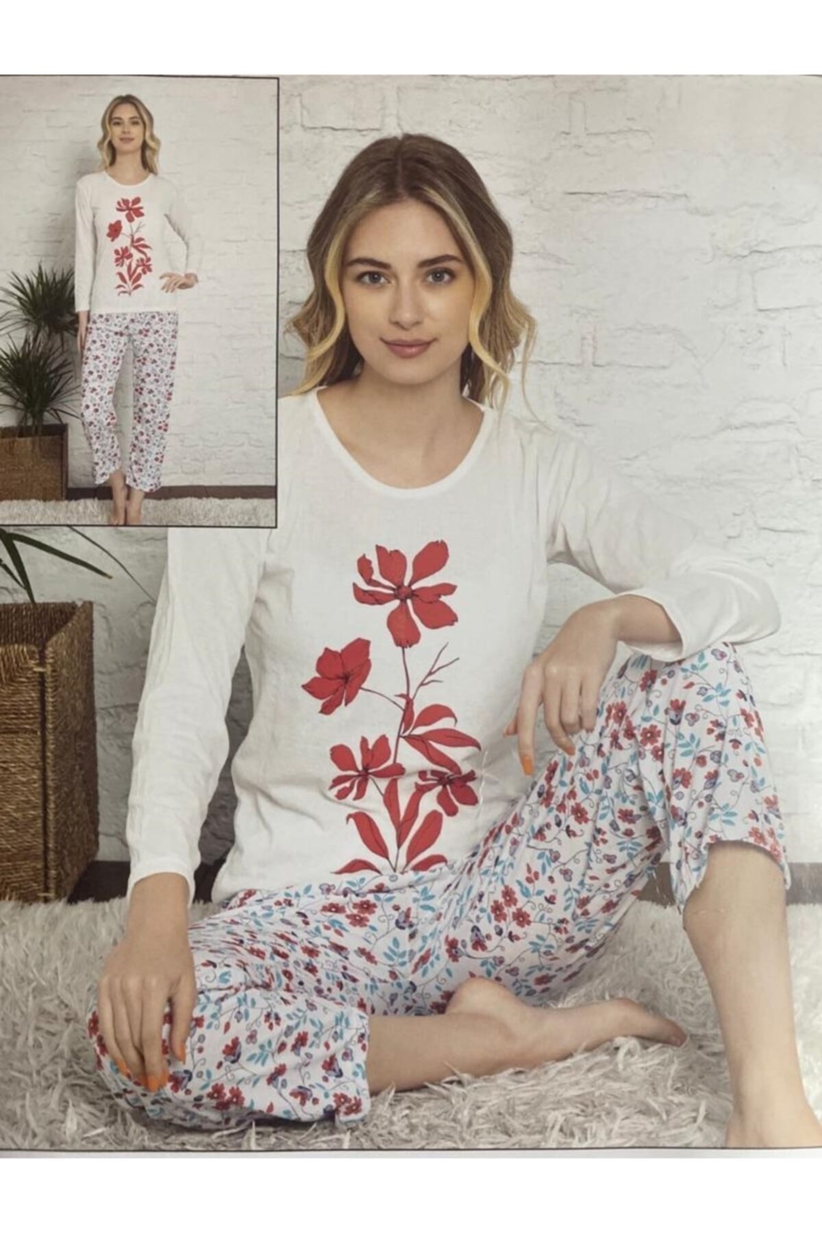 USLULAR Beyaz Kırmızı Çiçek Baskılı Uzun Kollu Pijama Takımı