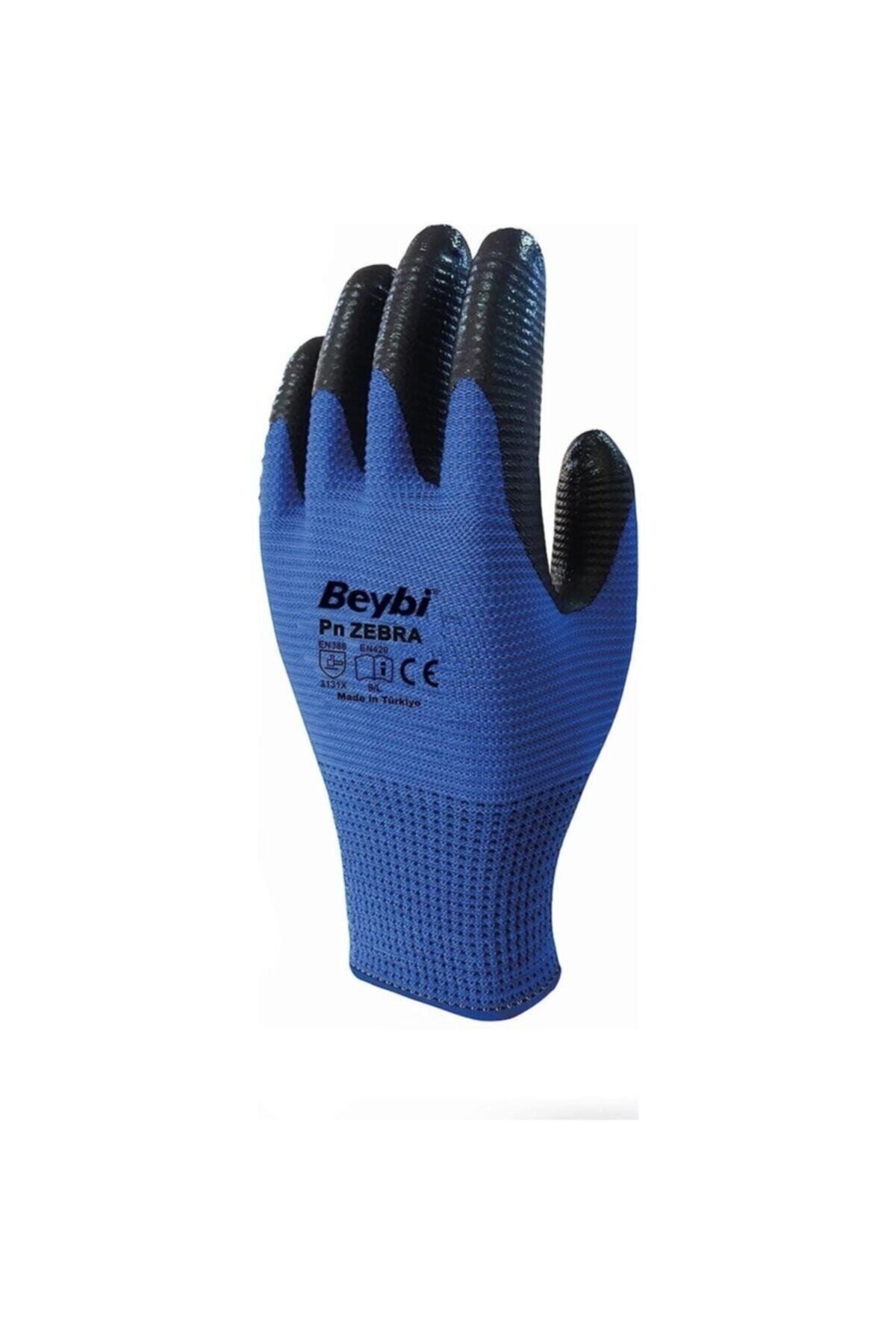 Beybi 12 Çift - Polyester Örme Nitril Inşaat Eldiveni - No:10 Mavi Eldiven Zebra Pn5