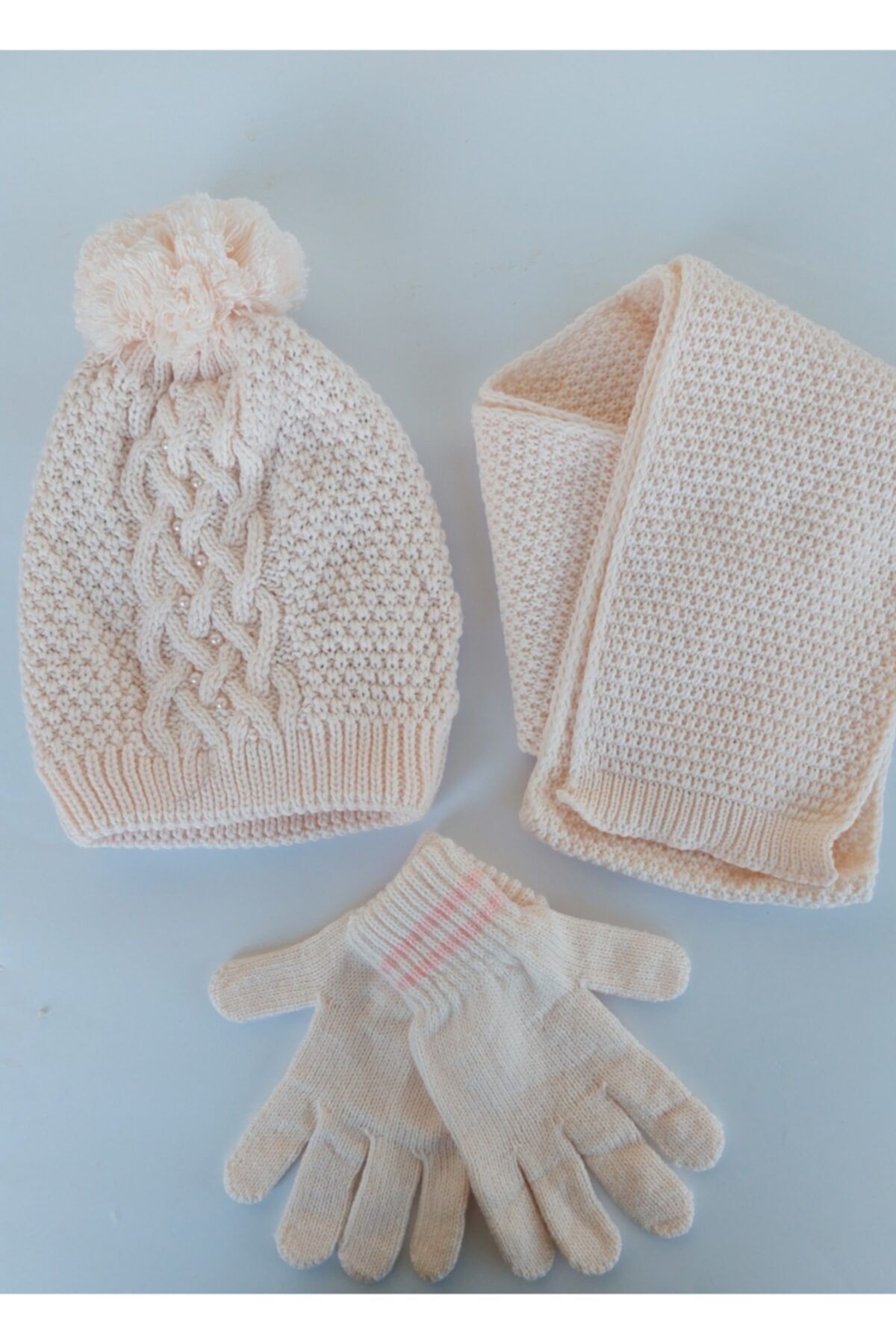 Kitti 9-15 Yaş Genç 3lü Atkı Bere Eldiven Set, Inci Aksesuarlı Içi Tüylenmeyen Ks2180-01