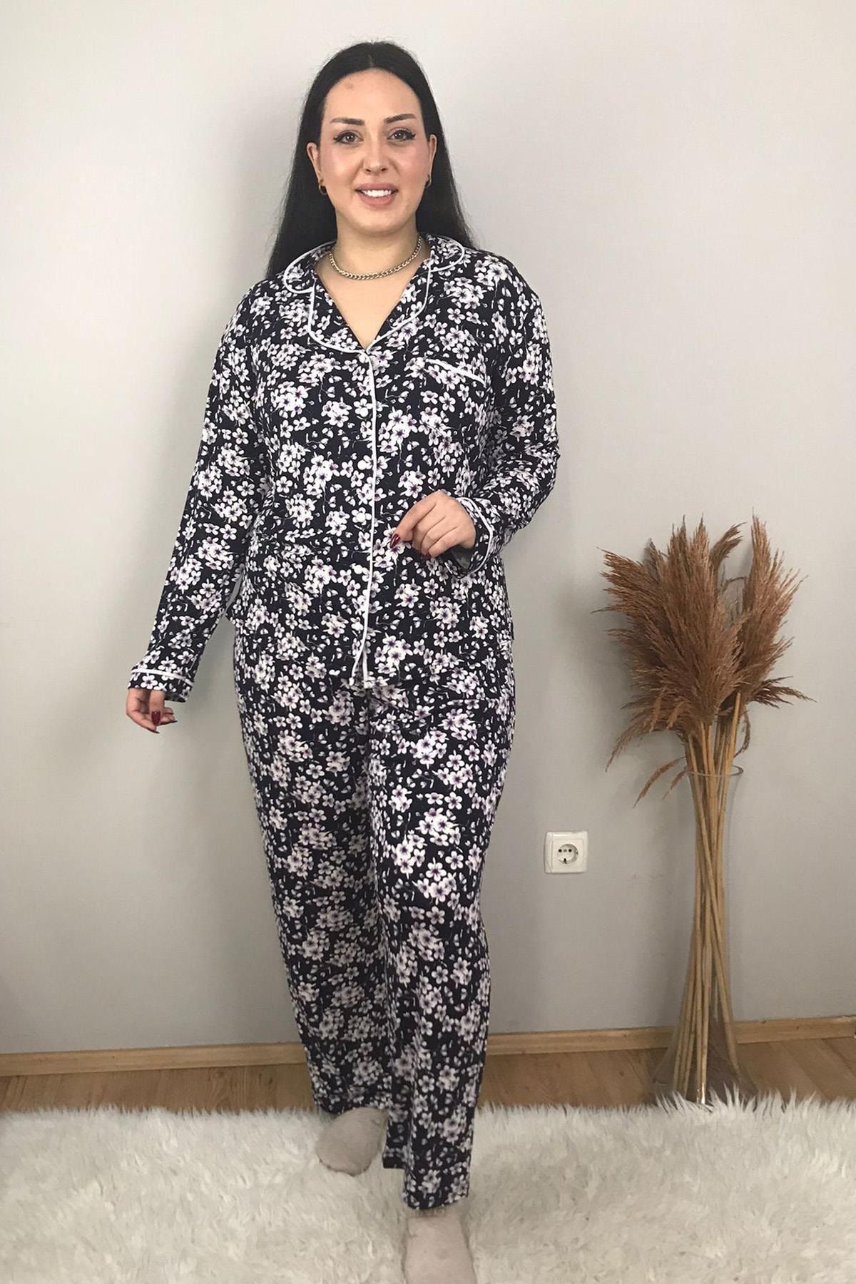 tarzimsuper Kadın Önden Düğmeli Uzun Kollu Çiçekli Pijama Takımı