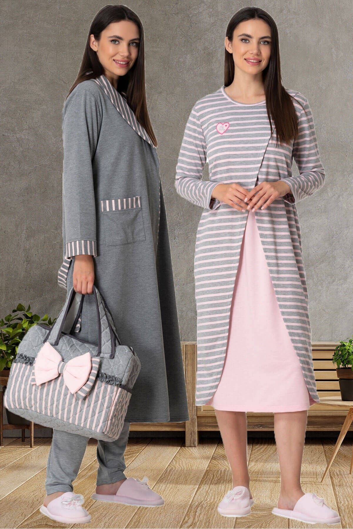 By Mecit Pijama 5577 Pembe Çizgili Dört Parça Pijama, Gecelik, Sabahlık Lohusa Seti