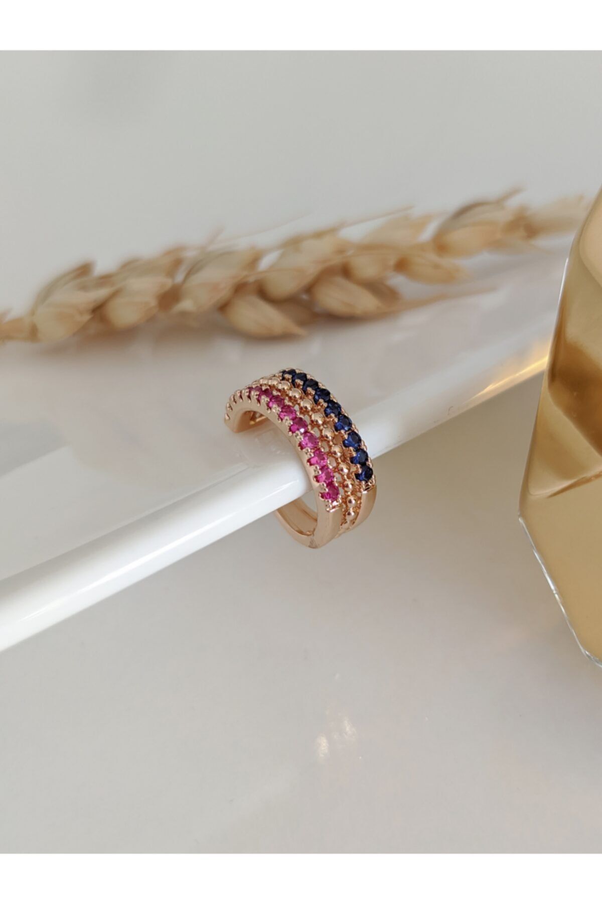 SU PERİSİ TAKI BİJUTERİ Gold Renkli 3 Sıra Zirkon Taşlı Halka Earcuff Kıkırdak Küpe