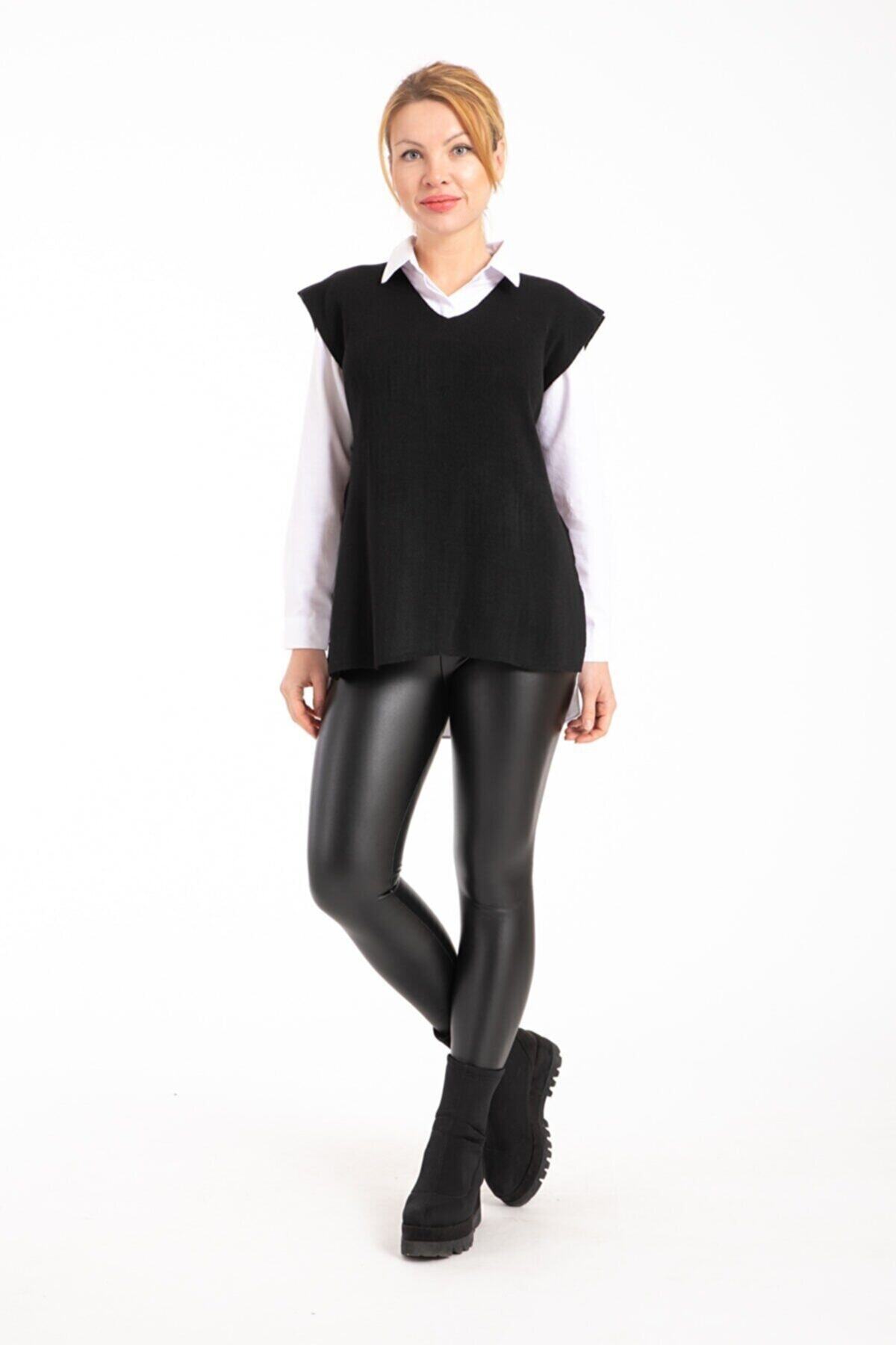 kgsgiyim Kadın V Yaka Kuşaklı Siyah Süveter